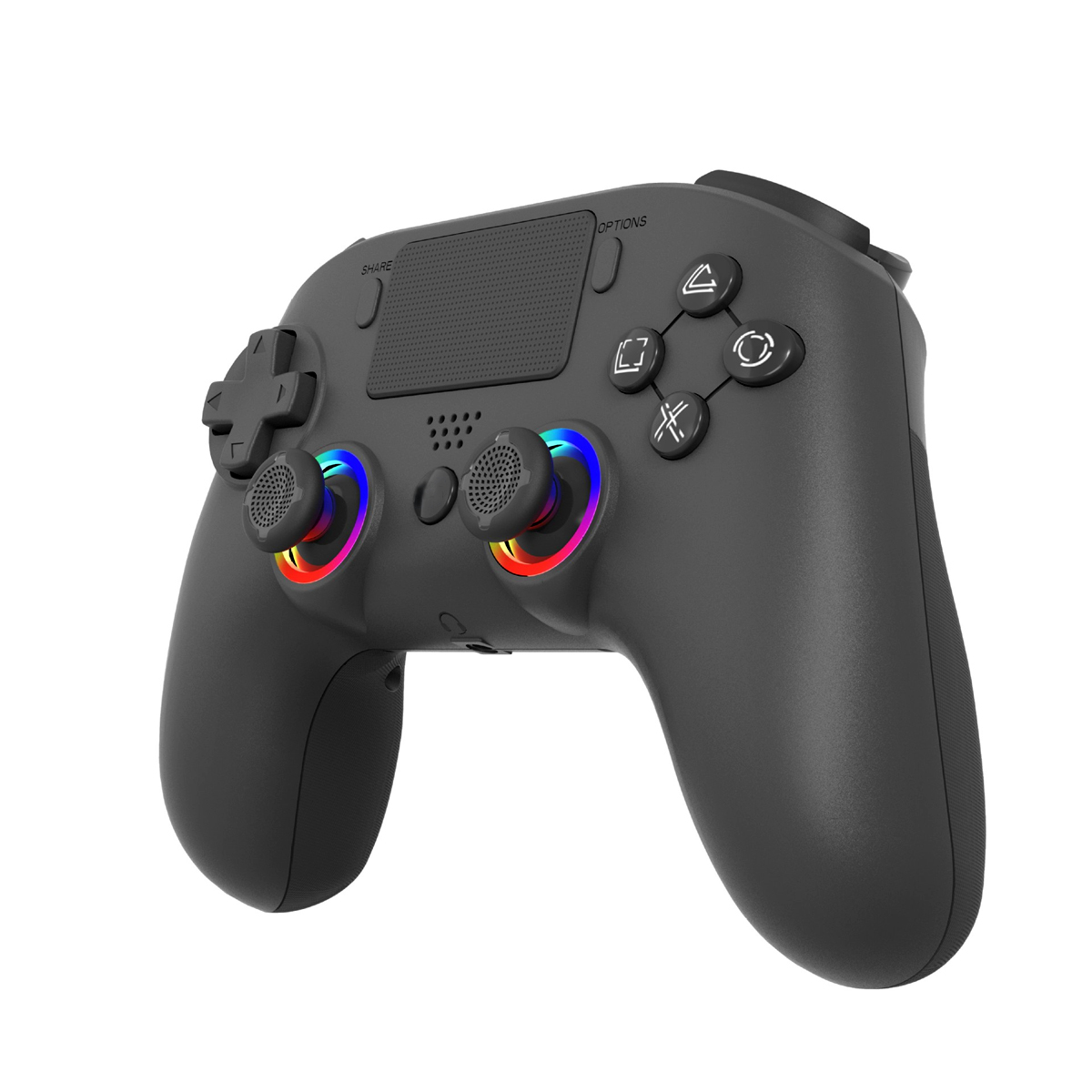 Schwarzer Gamecontroller mit bunten Lichtern um die Joysticks, weißer Hintergrund.