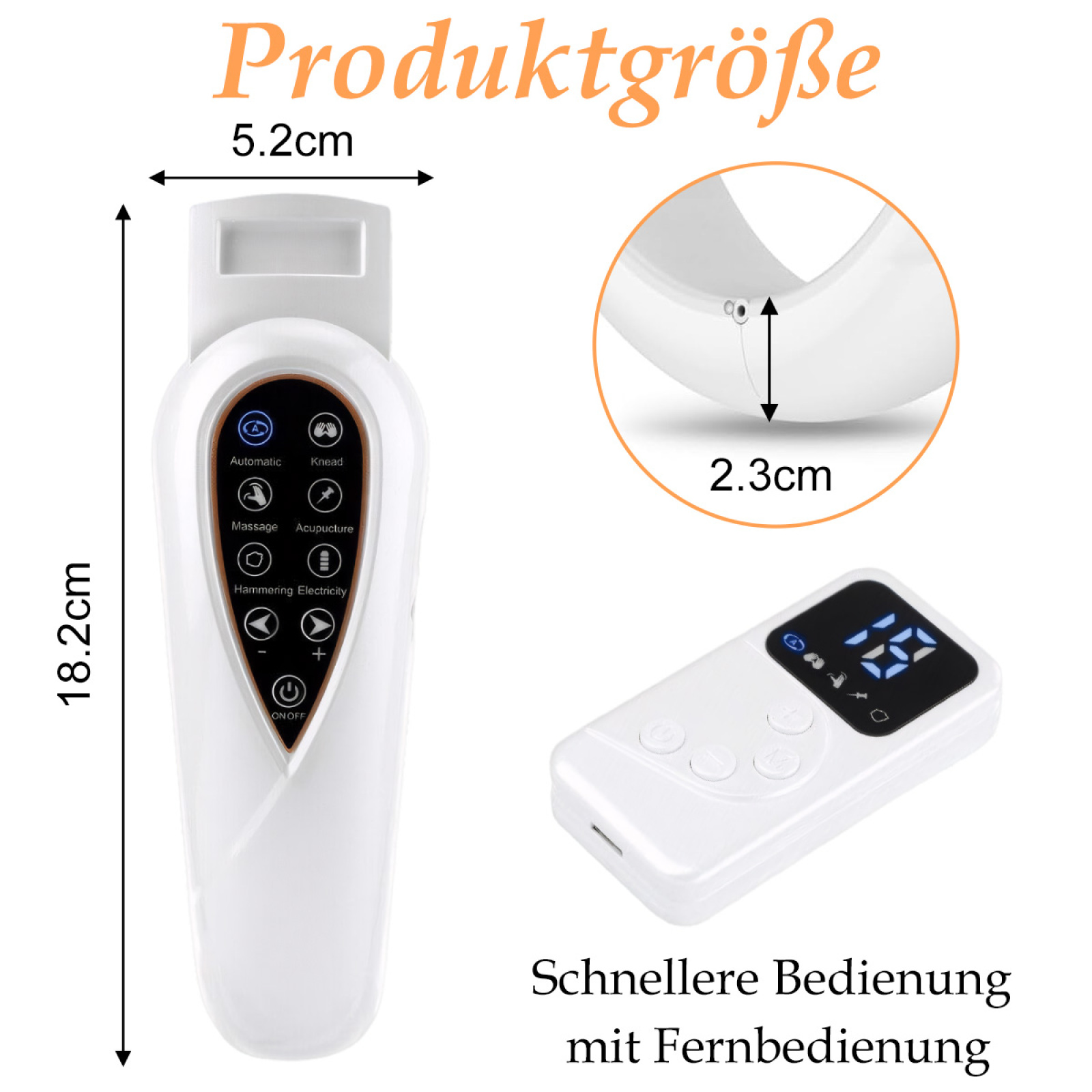 Ein weißes Gesichtsstraffungsgerät, ein separater Controller und Messungen. Text zeigt die Abmessungen in cm an.