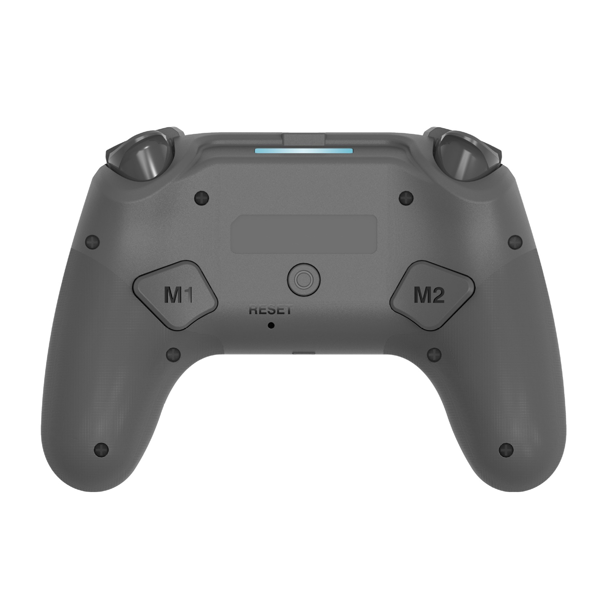 Rückansicht eines grauen Gamecontrollers mit den Tasten M1, M2 und Reset.