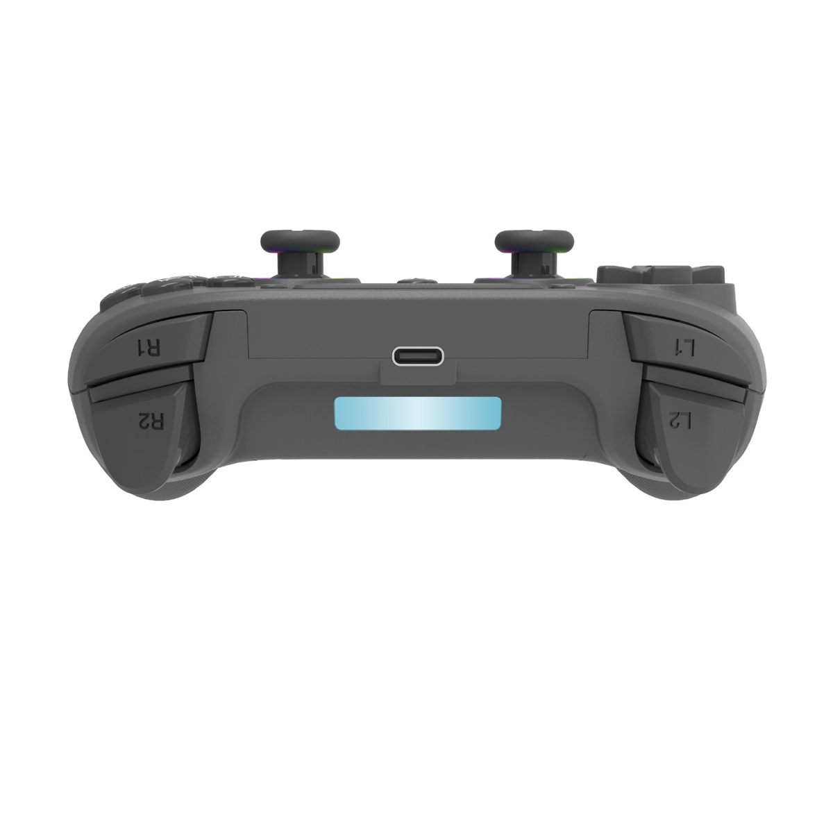 Die Unterseite eines schwarzen Controllers. Er hat die Tasten R1, R2, L1 und L2 sowie einen USB-Anschluss.