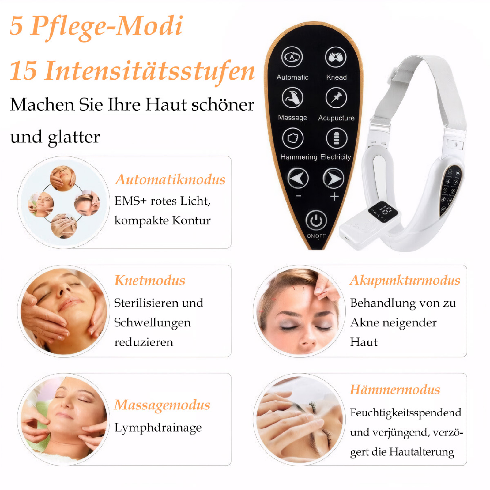 Gesichtsmassagegerät mit Bedienfeld. Beschreibungen der Modi und ein Diagramm von Gesicht und Hals.