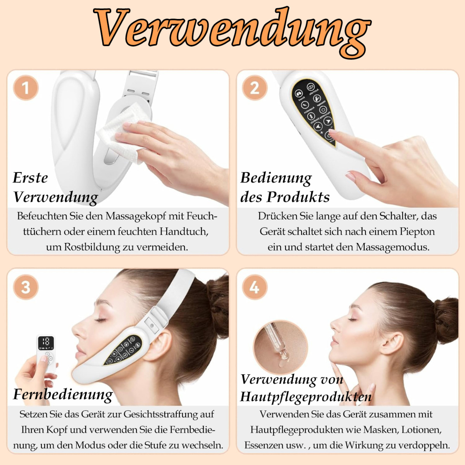 Vier Bilder, die zeigen, wie man ein Gesichtsstraffungsgerät verwendet. Eine Frau benutzt das Gerät und den Controller.