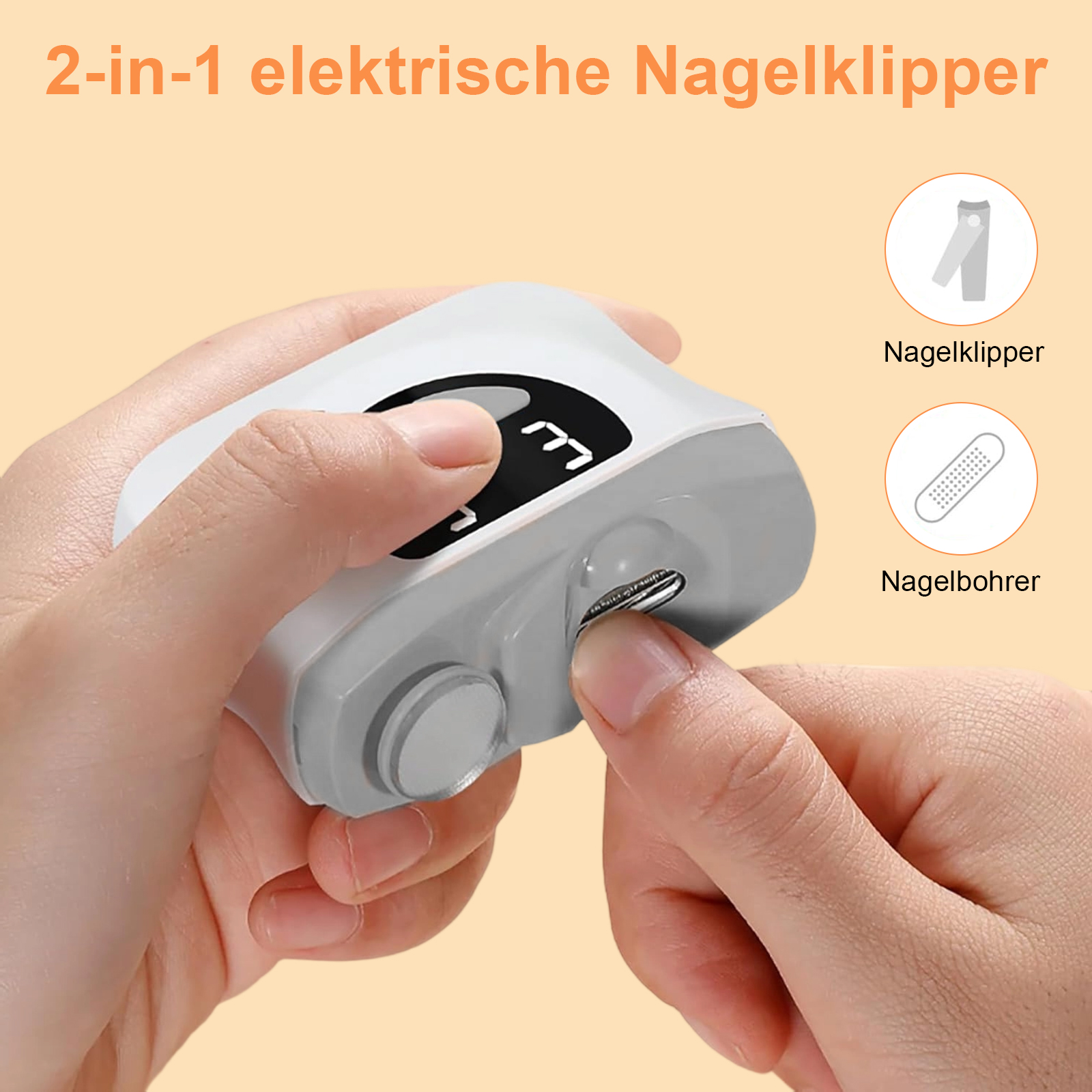 Hände halten einen weißen elektrischen Nagelknipser. Es zeigt die Nagelknipser- und Nagelfeilenoptionen.