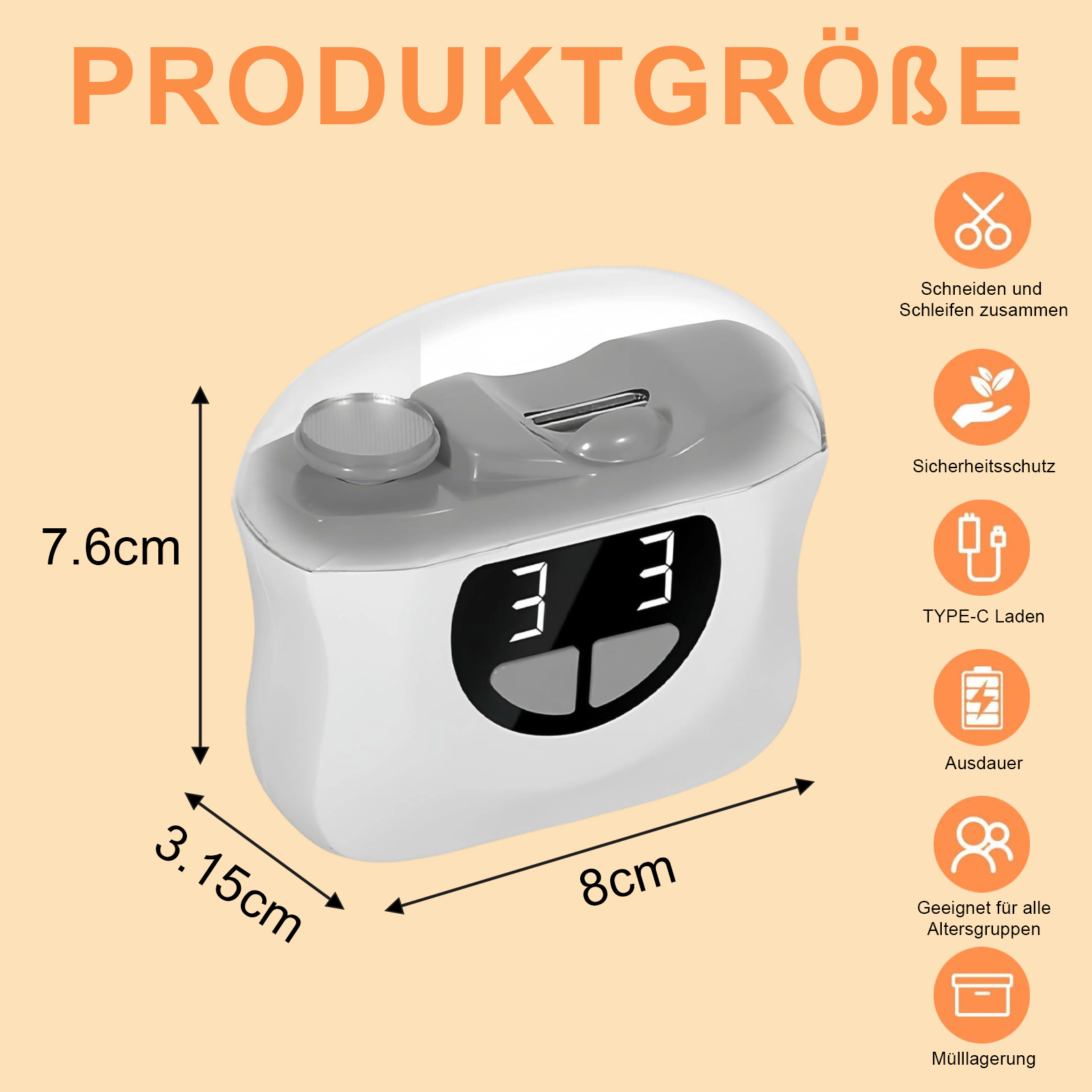 Weißes und graues Gerät mit Digitalanzeige, mit Abmessungen und Symbolen, die Funktionen zeigen.