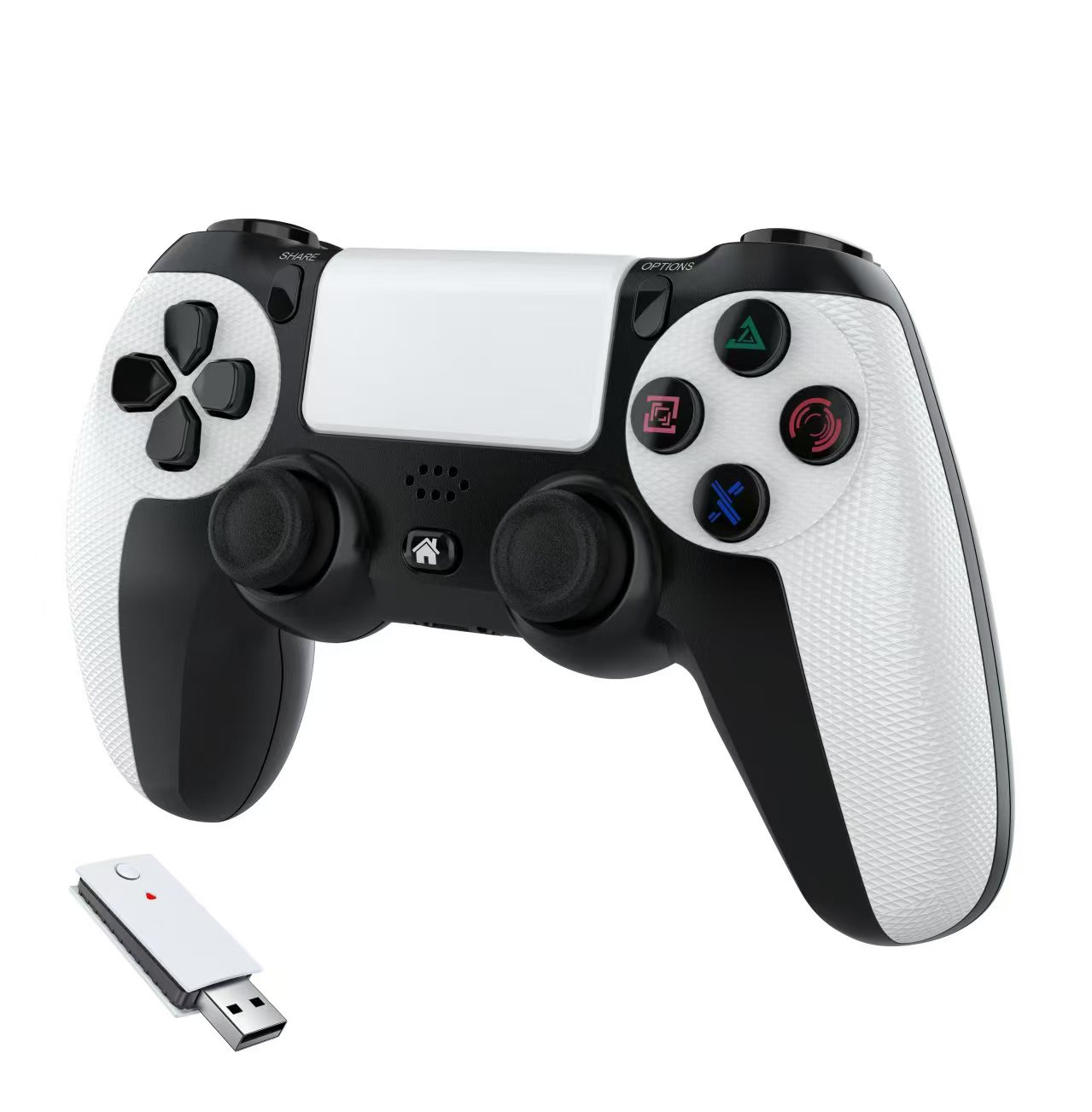 Weiß-schwarzer Gamecontroller mit USB-Empfänger. Der Controller hat Knöpfe und Joysticks.