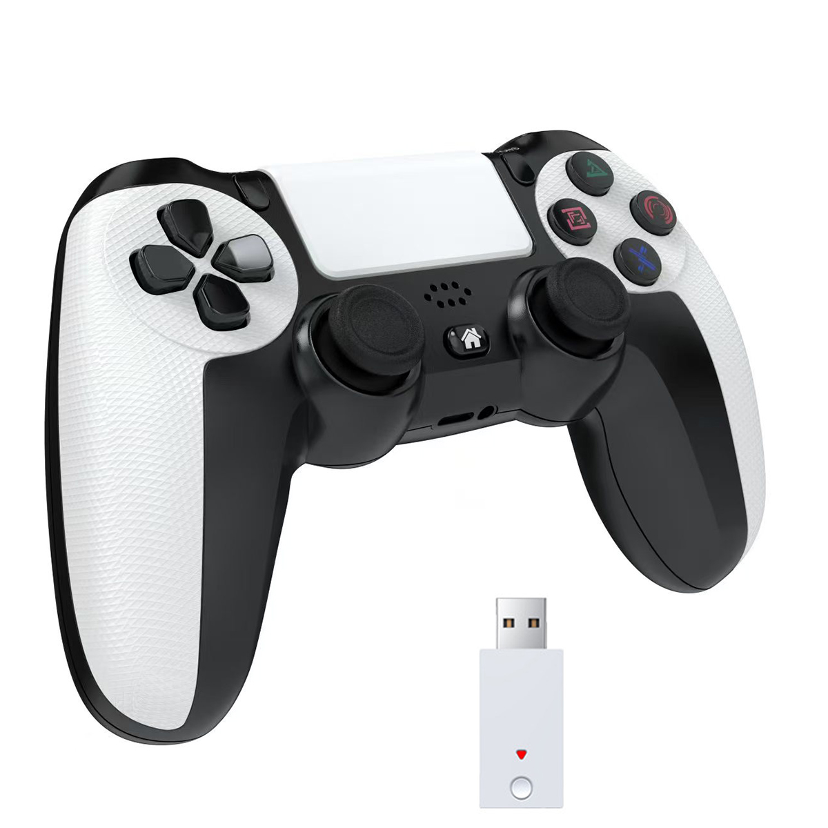 Weiß-schwarzer Gamecontroller mit USB-Empfänger. Der Controller hat Knöpfe und Joysticks.