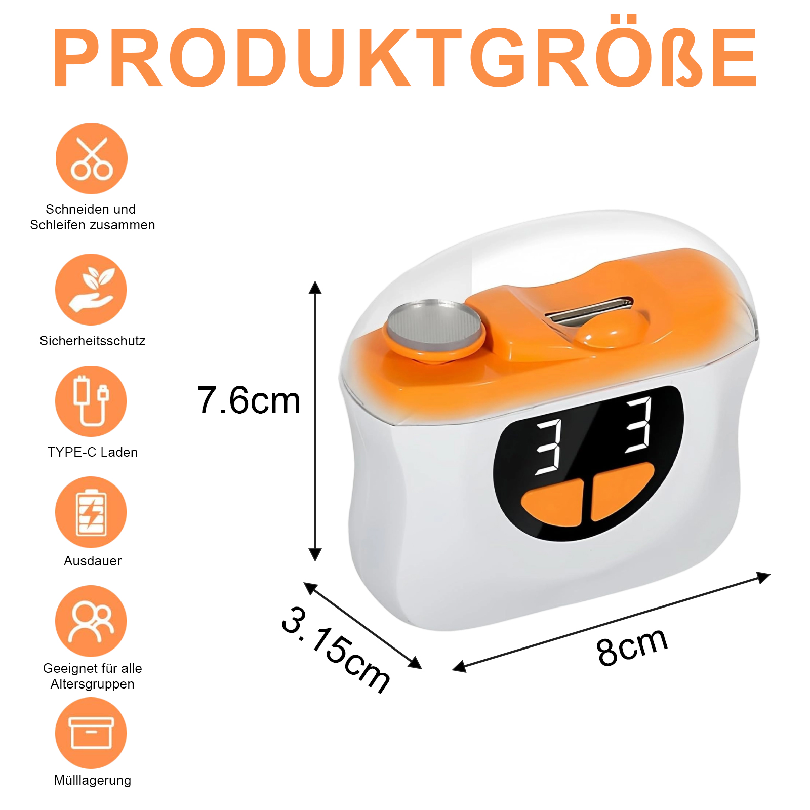 Ein orangefarbenes und weißes Gerät mit beschrifteten Abmessungen. Deutsch: 'PRODUCTGRÖSSE' und andere Produktmerkmale.