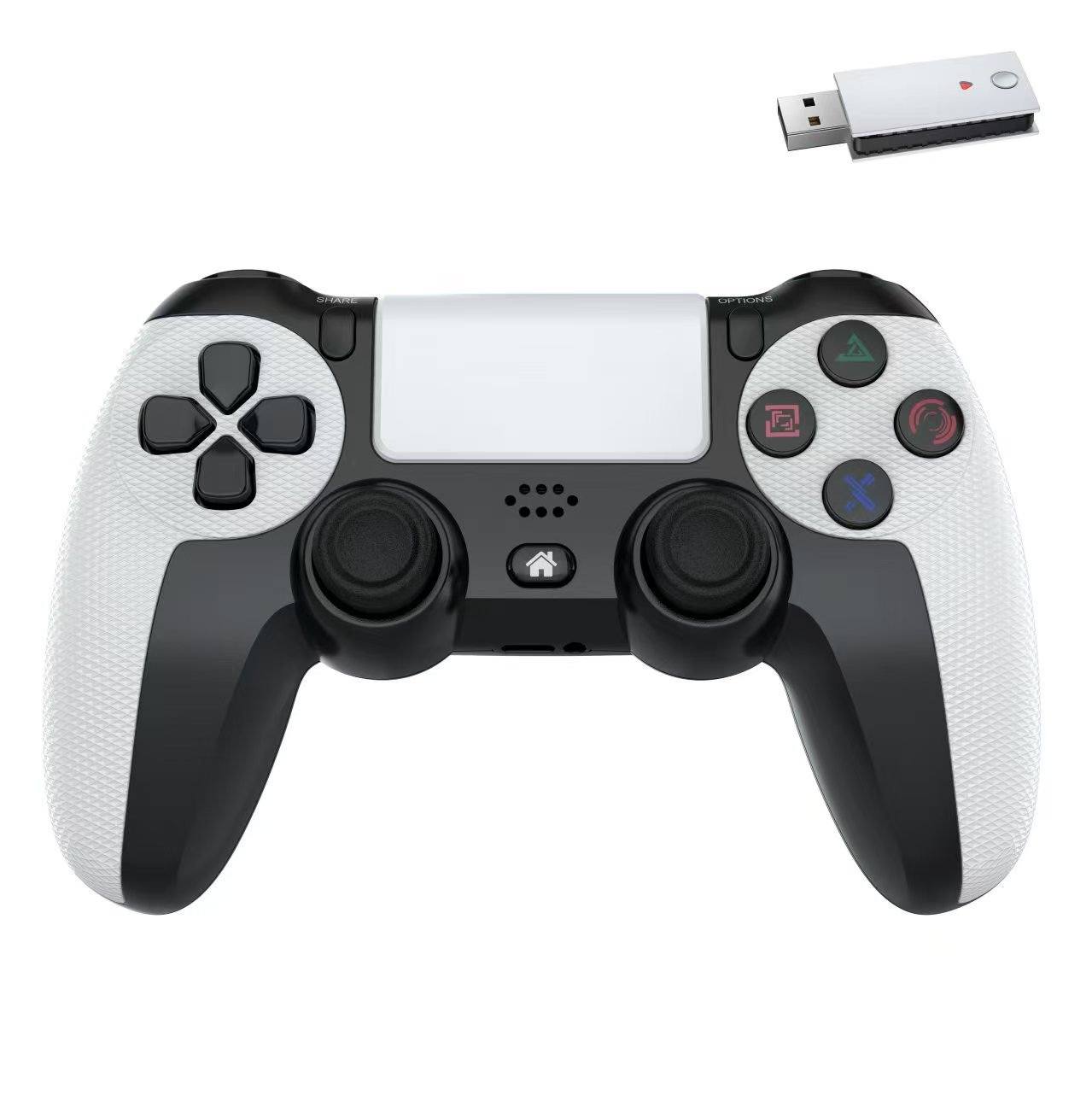 Weiß-schwarzer Gamecontroller mit USB-Empfänger. Der Controller hat Knöpfe und Joysticks.