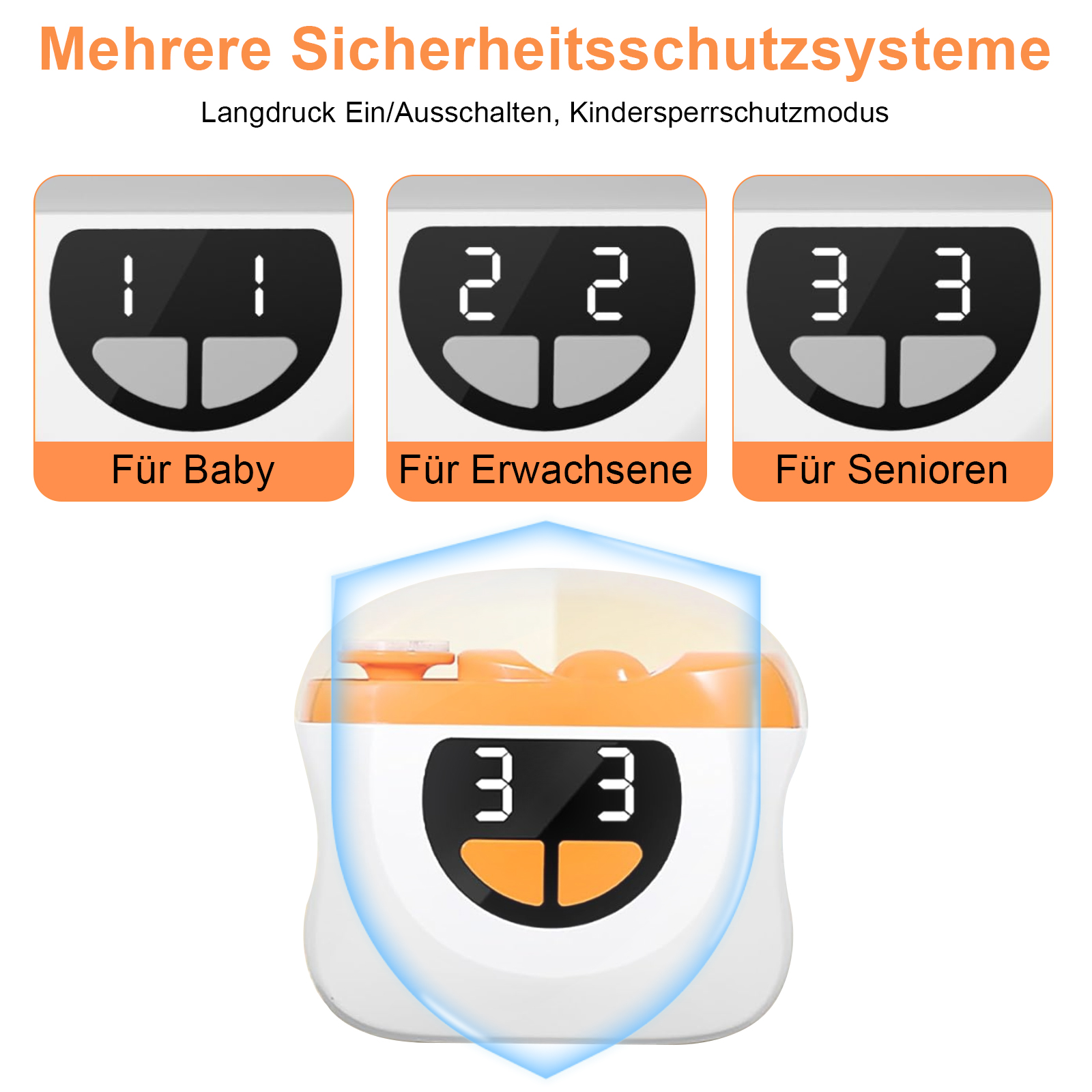 Ein weißes und orangefarbenes Gerät mit Digitalanzeige, zeigt den Ladestatus und Sicherheitsmerkmale.