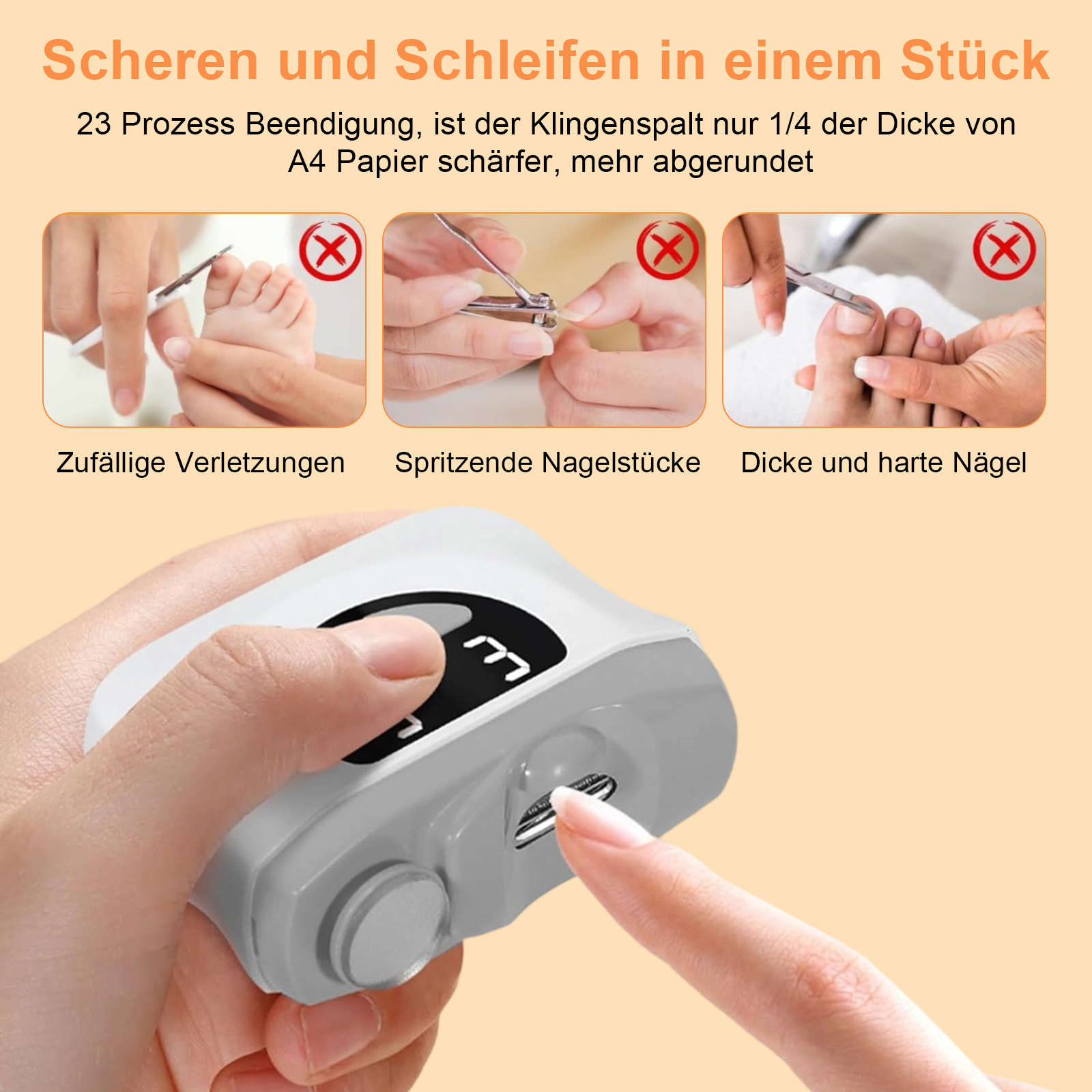 Mann, der elektrische Nagelknipser benutzt. Das Gerät ist weiß und orange, mit Beispielen und Warnungen.