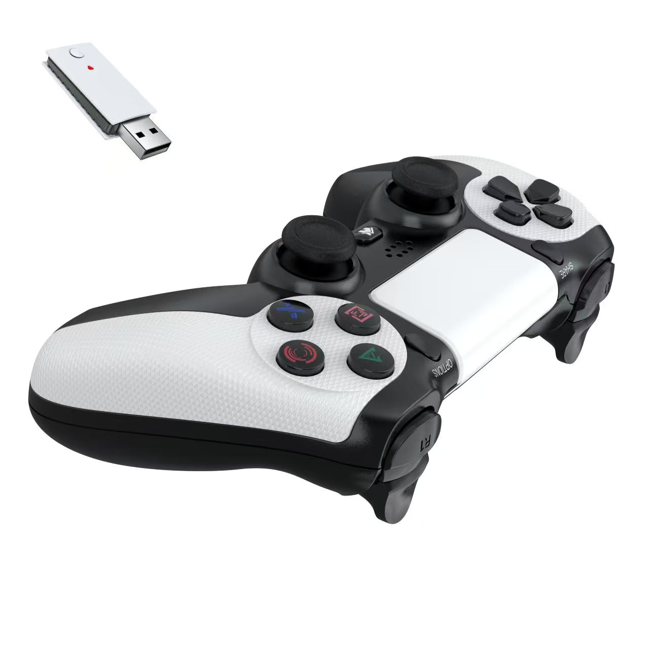 Weiß-schwarzer Gamecontroller mit USB-Empfänger. Der Controller hat Knöpfe und Joysticks.