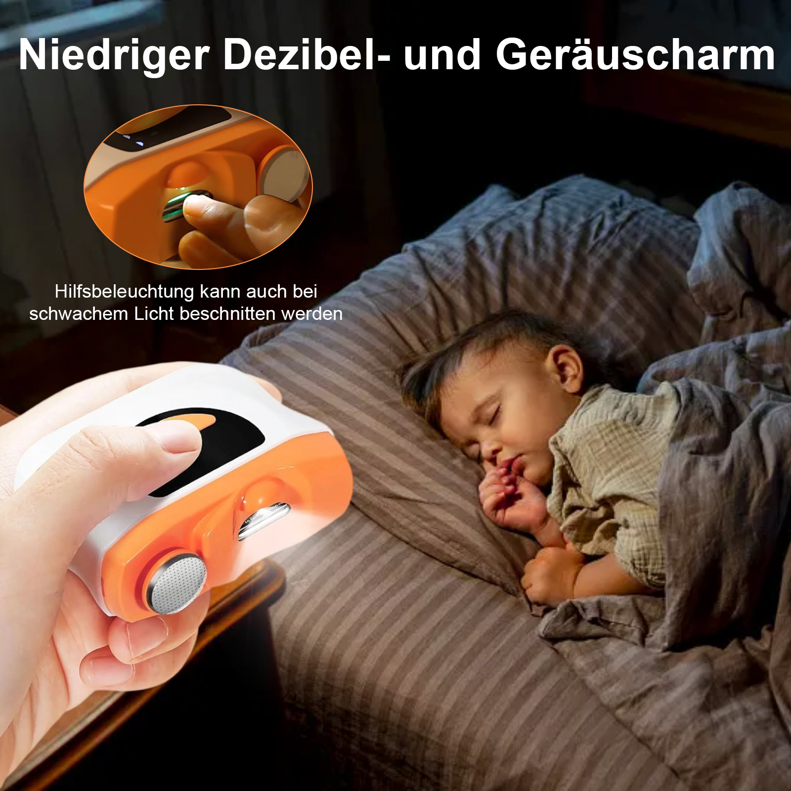 Ein schlafendes Baby mit einem Gerät, das in der Nähe verwendet wird. Das Gerät ist orange und weiß.