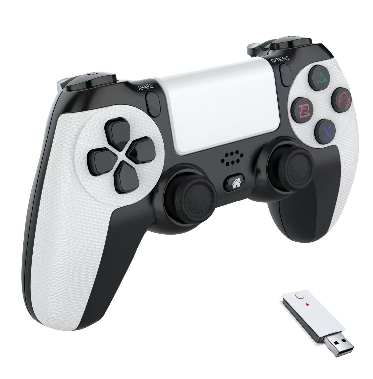 Gamecontroller mit weißem und schwarzem Design. Ein USB-Empfänger ist enthalten. Der Controller hat Knöpfe und Joysticks.