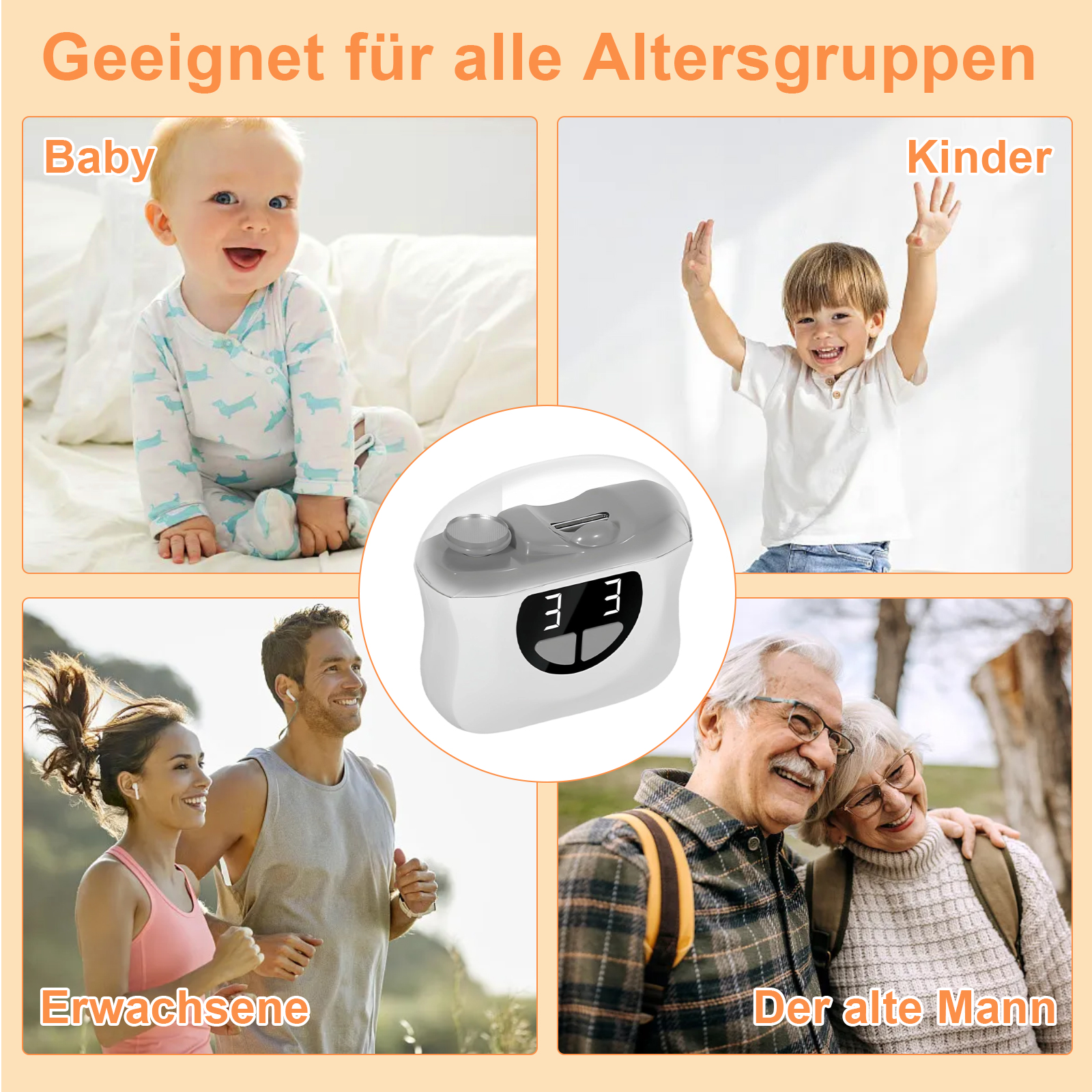 Bilder von einem Baby, Kind, Paar und älterem Ehepaar mit einem Produkt in der Mitte.