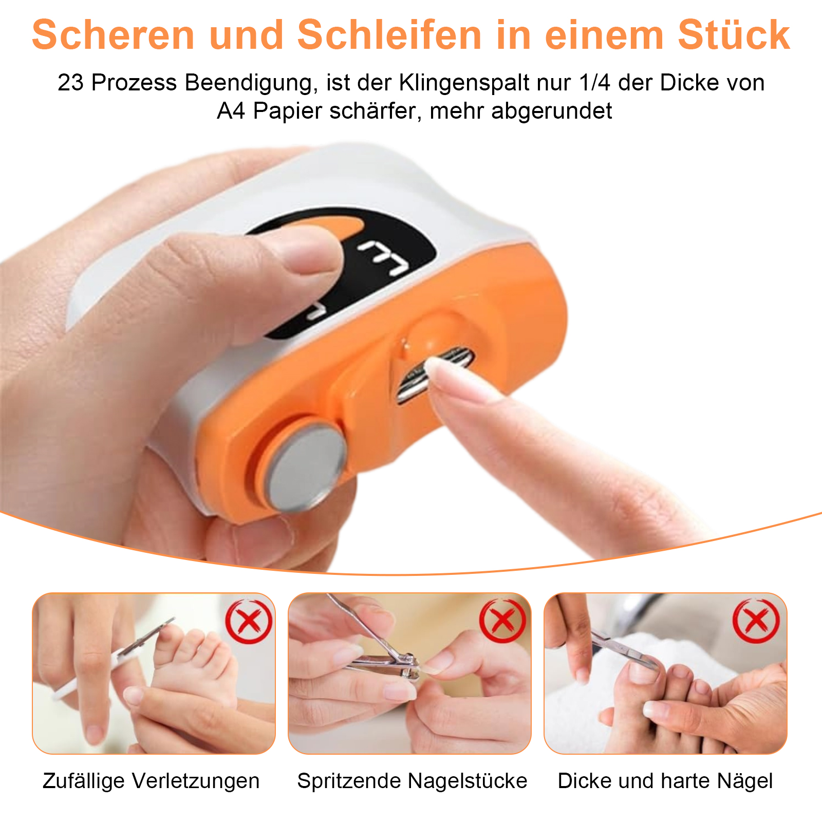 Mann, der elektrische Nagelknipser benutzt. Das Gerät ist weiß und orange, mit Beispielen und Warnungen.