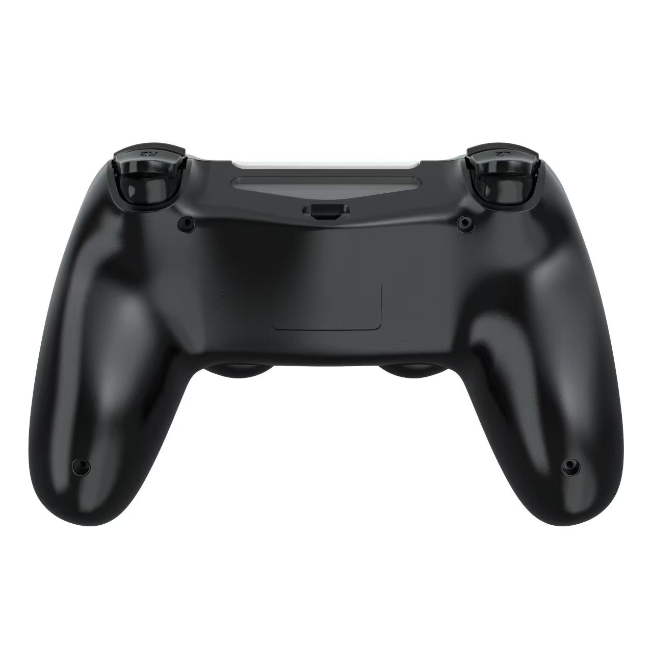 Ein schwarzer Gamecontroller, Rückansicht. Es hat Tasten und einen Steckplatz für Batterien.