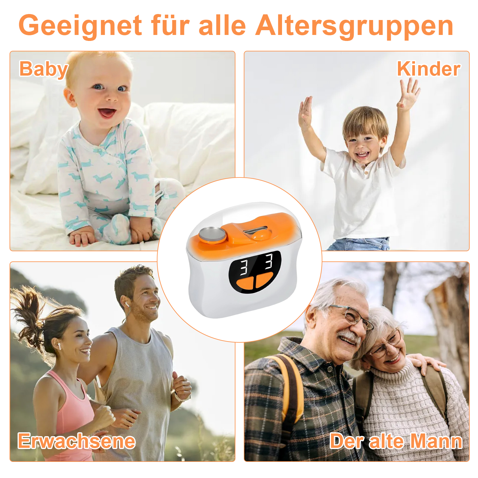 Bilder von einem Baby, Kind, Paar und älterem Ehepaar mit einem Produkt in der Mitte.