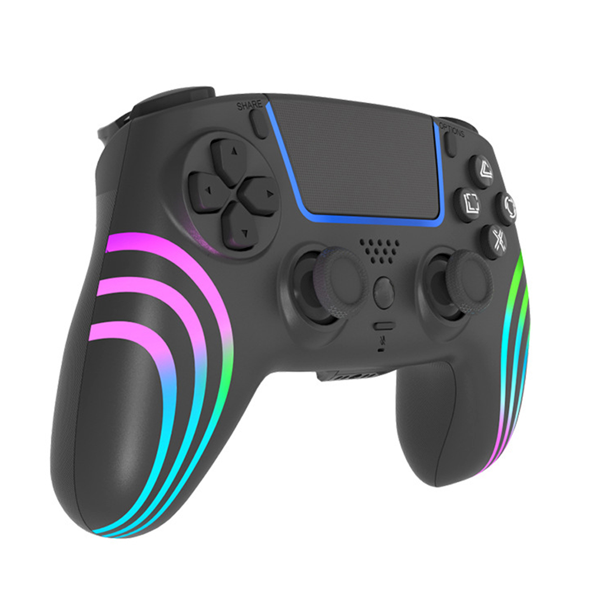 Schwarzes Gamepad mit bunten Lichtstreifen. Es hat Knöpfe und Steuerknüppel. Es steht vor einem verschwommenen Hintergrund.