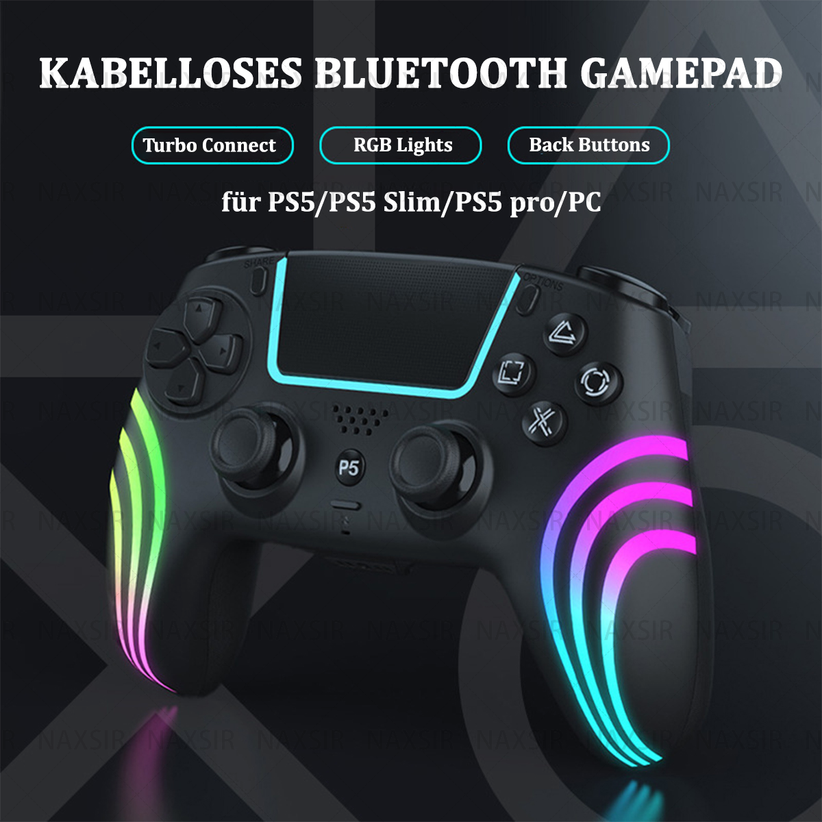 Schwarzes kabelloses Bluetooth-Gamepad für PS5/PS5 Slim/PS5 pro/PC, mit bunten beleuchteten Tasten und P5-Taste.