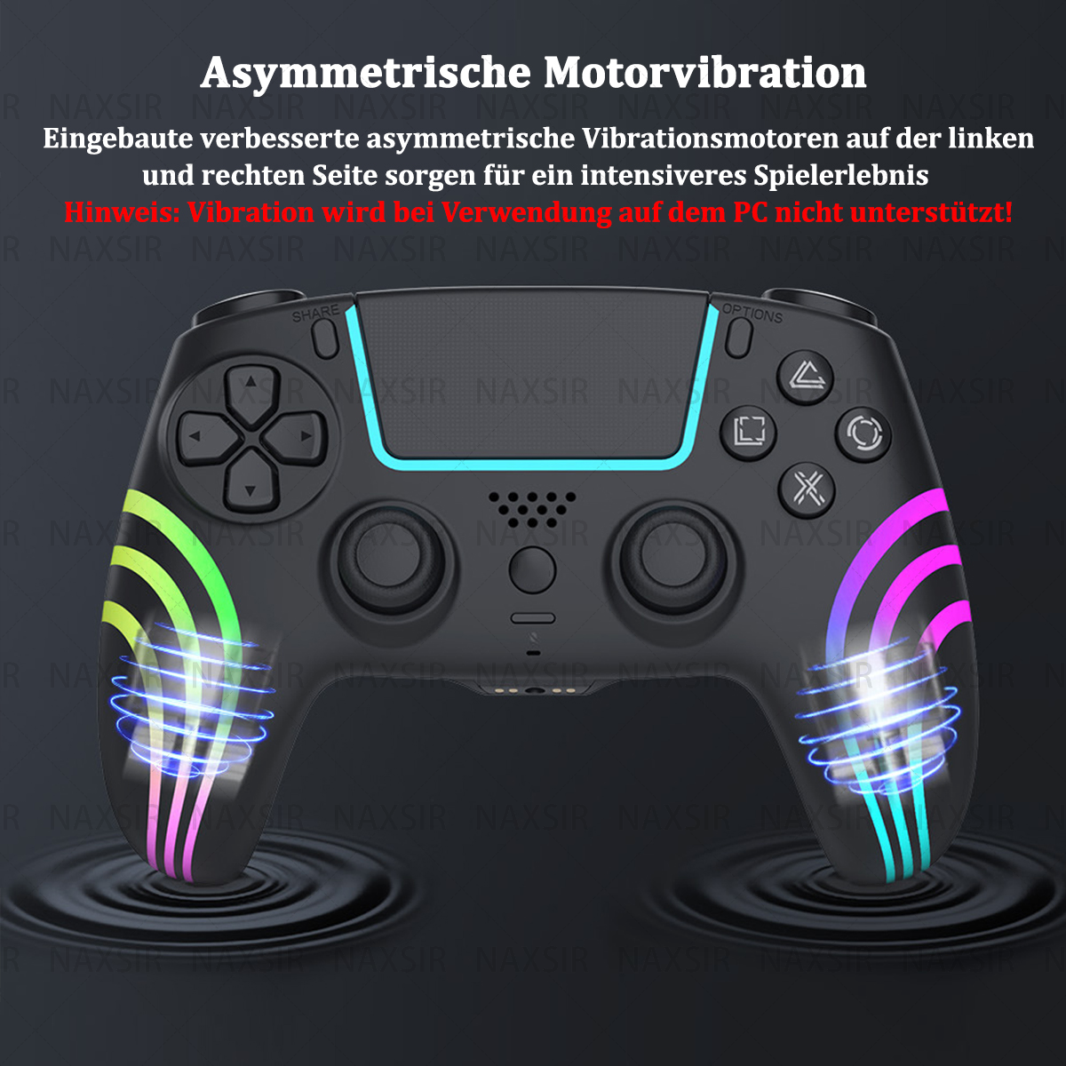 Ein schwarzer Gamecontroller mit farbigen Lichtern und Knöpfen, in dunkler Umgebung gezeigt.