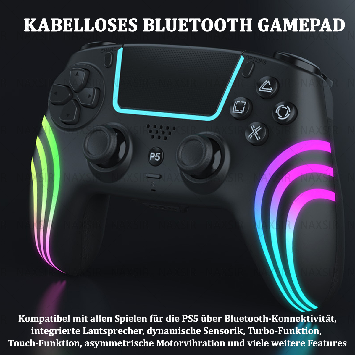 Schwarzer Gamecontroller mit bunten Lichtern. Knöpfe und Joysticks. P5-Taste sichtbar.
