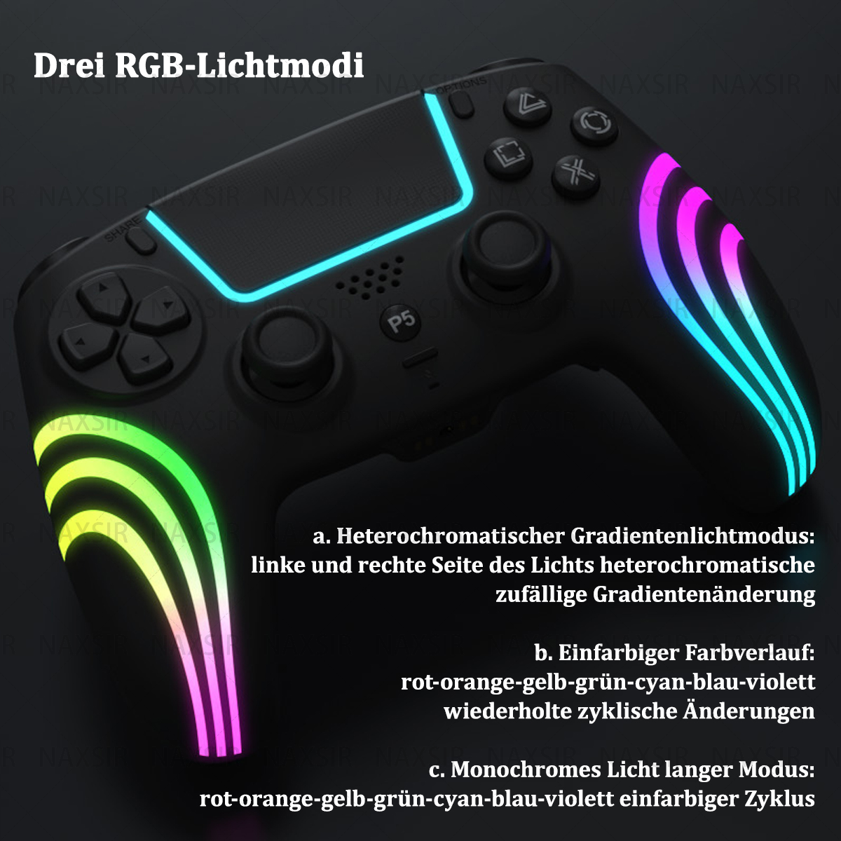 Schwarzer Gamecontroller mit bunten Lichtern. Verschiedene Knöpfe und P5-Taste sichtbar.
