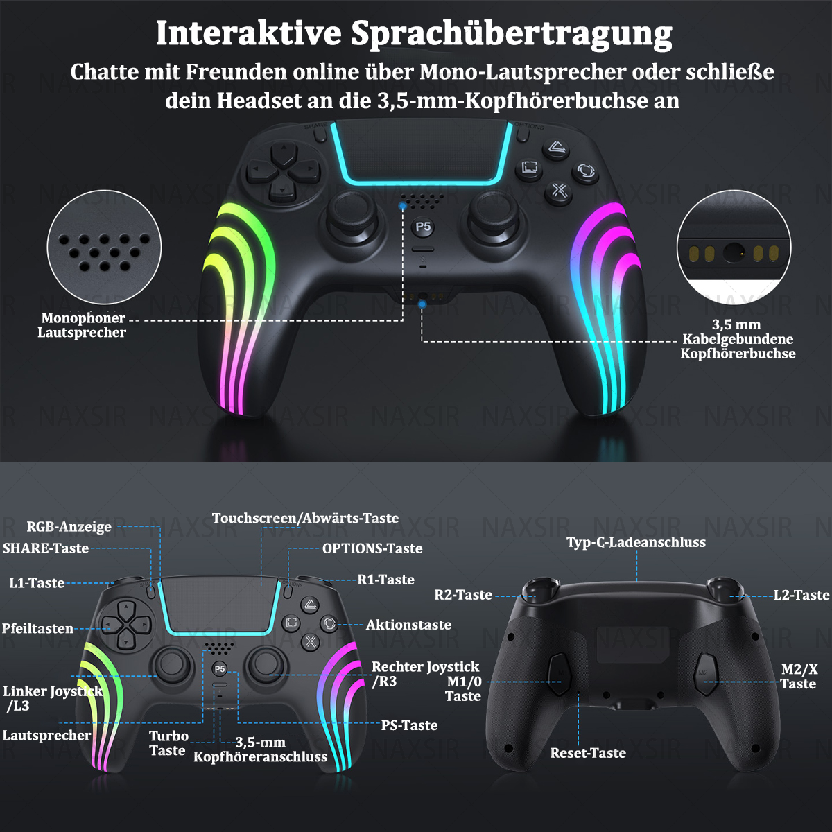 Ein schwarzer Gamecontroller mit Knöpfen und bunten Lichtern, mit verschiedenen Beschriftungen.