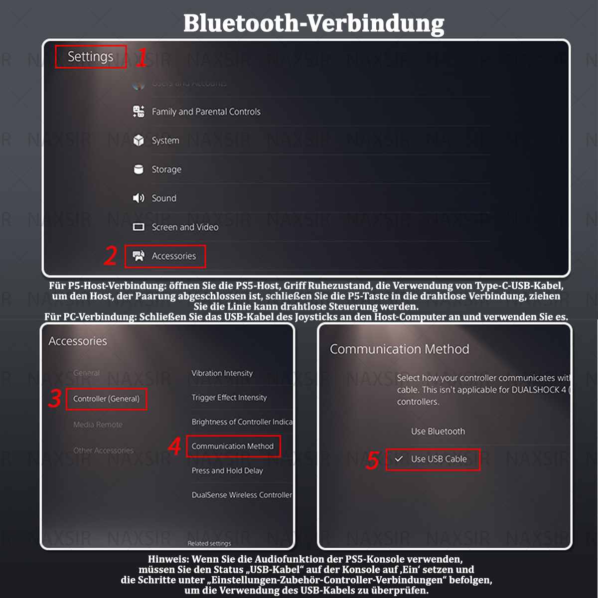 Ein Screenshot eines Spieleinstellungsmenüs mit nummerierten Hinweisen für Optionen.