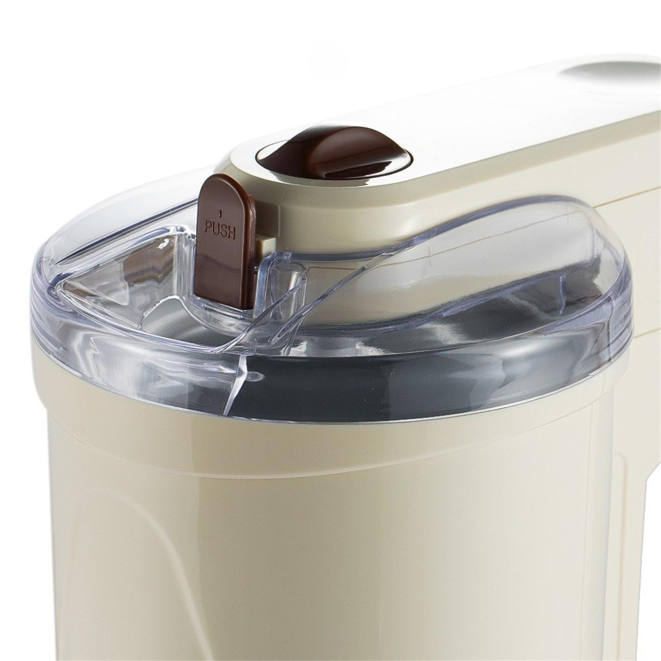 Nahaufnahme des Deckels einer Eismaschine, mit einem braunen Druckhebel.