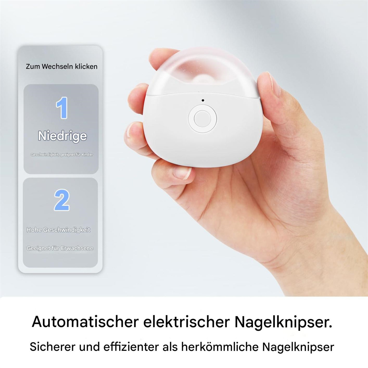 Eine Hand, die ein weißes, ovales Nagelknipser hält, mit einer Geschwindigkeitsanzeige.