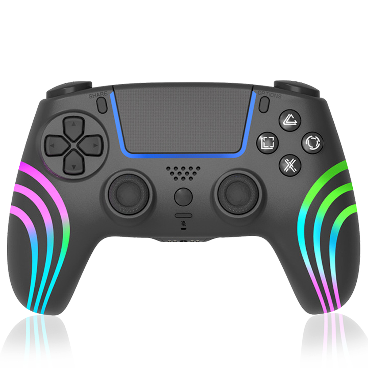 Ein schwarzer Gamecontroller mit elegantem Design, farbigen Lichtern und Knöpfen.
