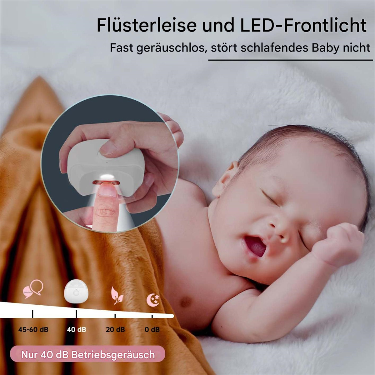Ein Baby schläft, mit Licht auf seinem Fingernagel, mit Geräuschpegelanzeigen.