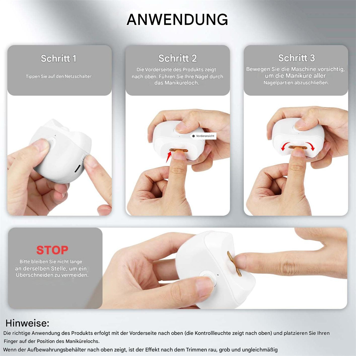 Anweisungen zur Verwendung eines weißen Nagelknipsers mit detaillierten Schritten.