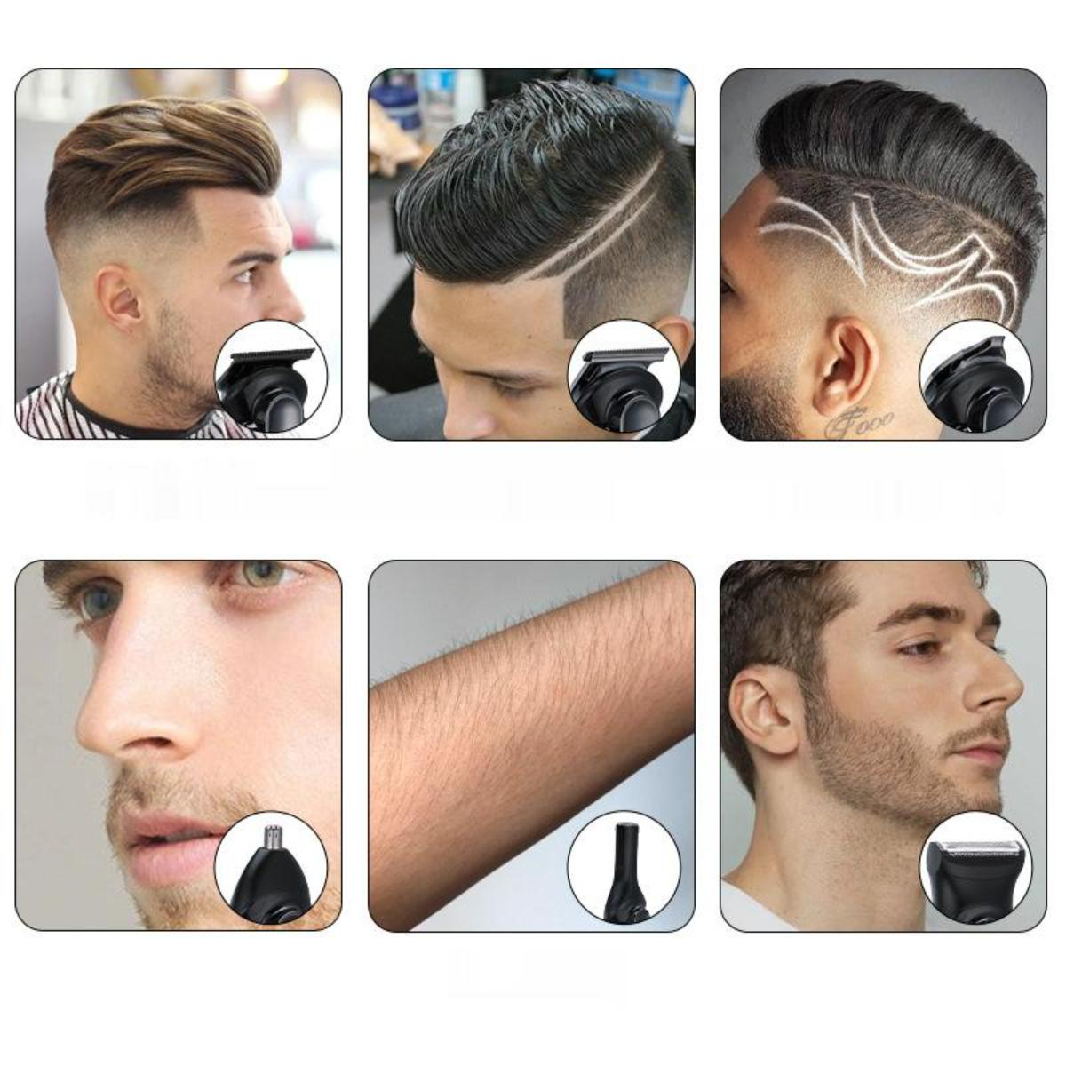 Eine Collage von Männern und ihren Haaren. Es gibt verschiedene Haarschnitte. Die Werkzeuge sind an der Seite abgebildet.