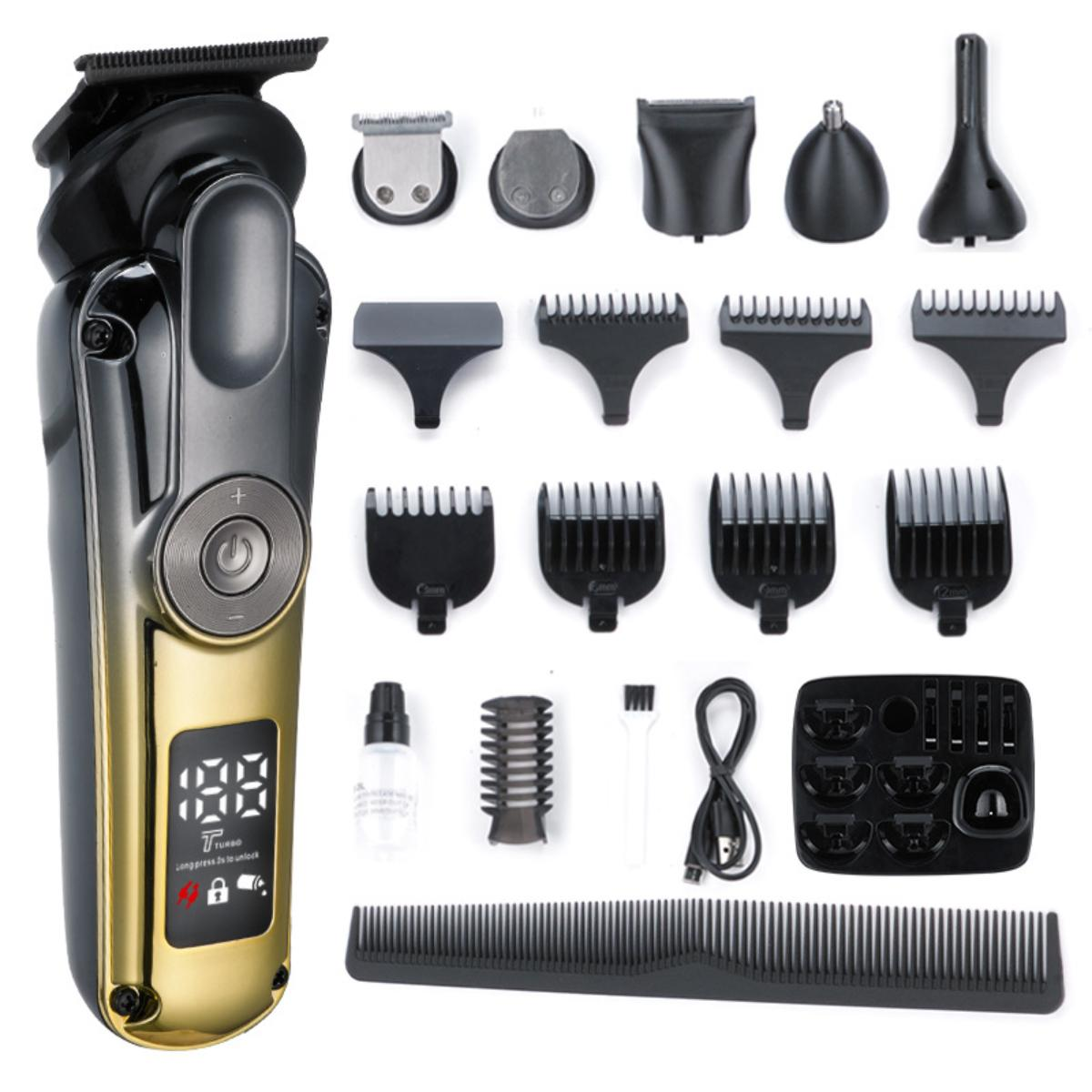 Ein schwarz-goldener Haarschneider mit verschiedenen Aufsätzen, darunter mehrere Schneidköpfe und ein Kamm.