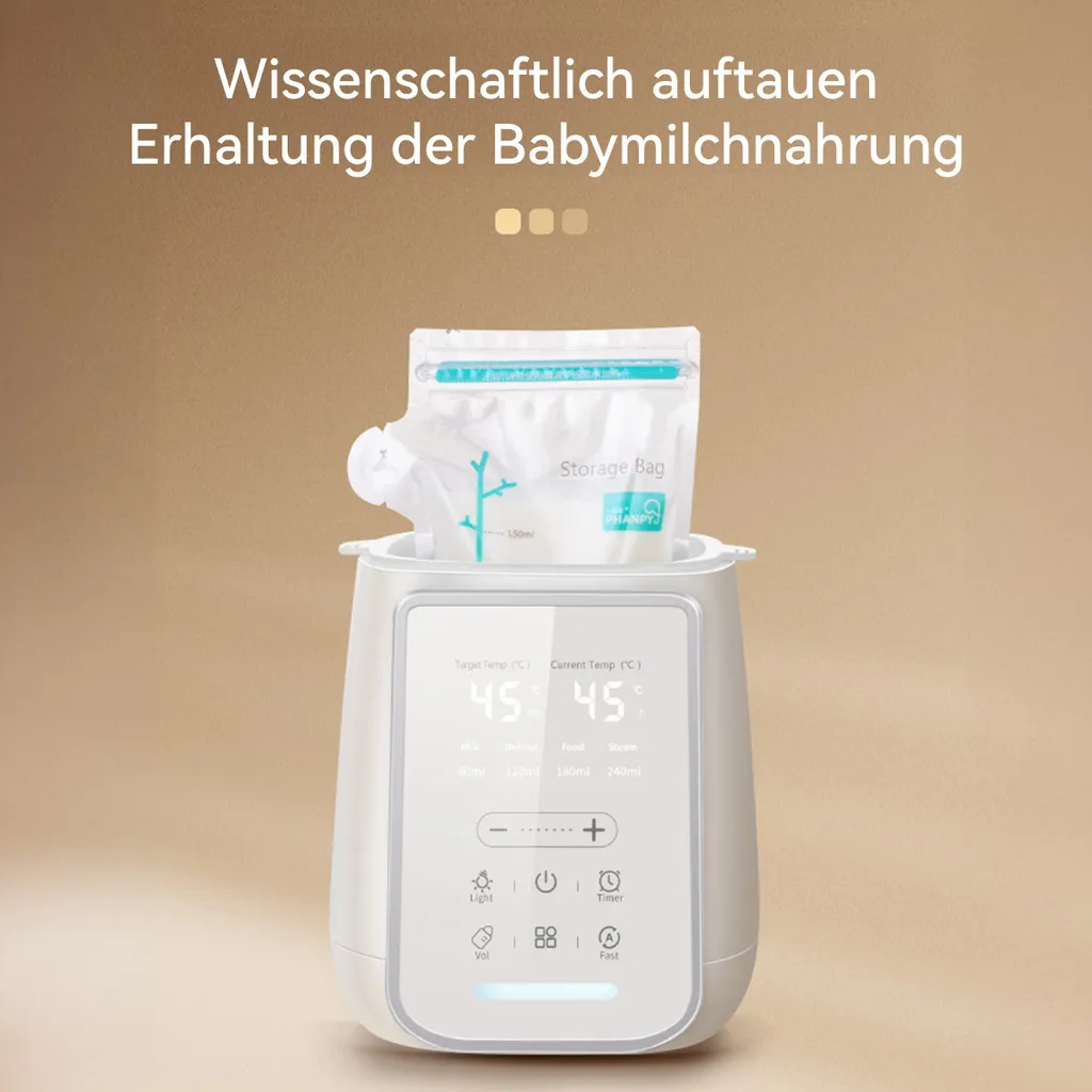 Ein Babyflaschenwärmer mit Beutel. Text auf Deutsch sagt, es dient zum wissenschaftlichen Auftauen von Babynahrung.
