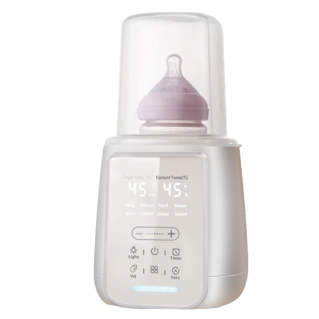 Ein weißer Babyflaschenwärmer mit einer Flasche. Es hat ein digitales Display und Bedientasten.