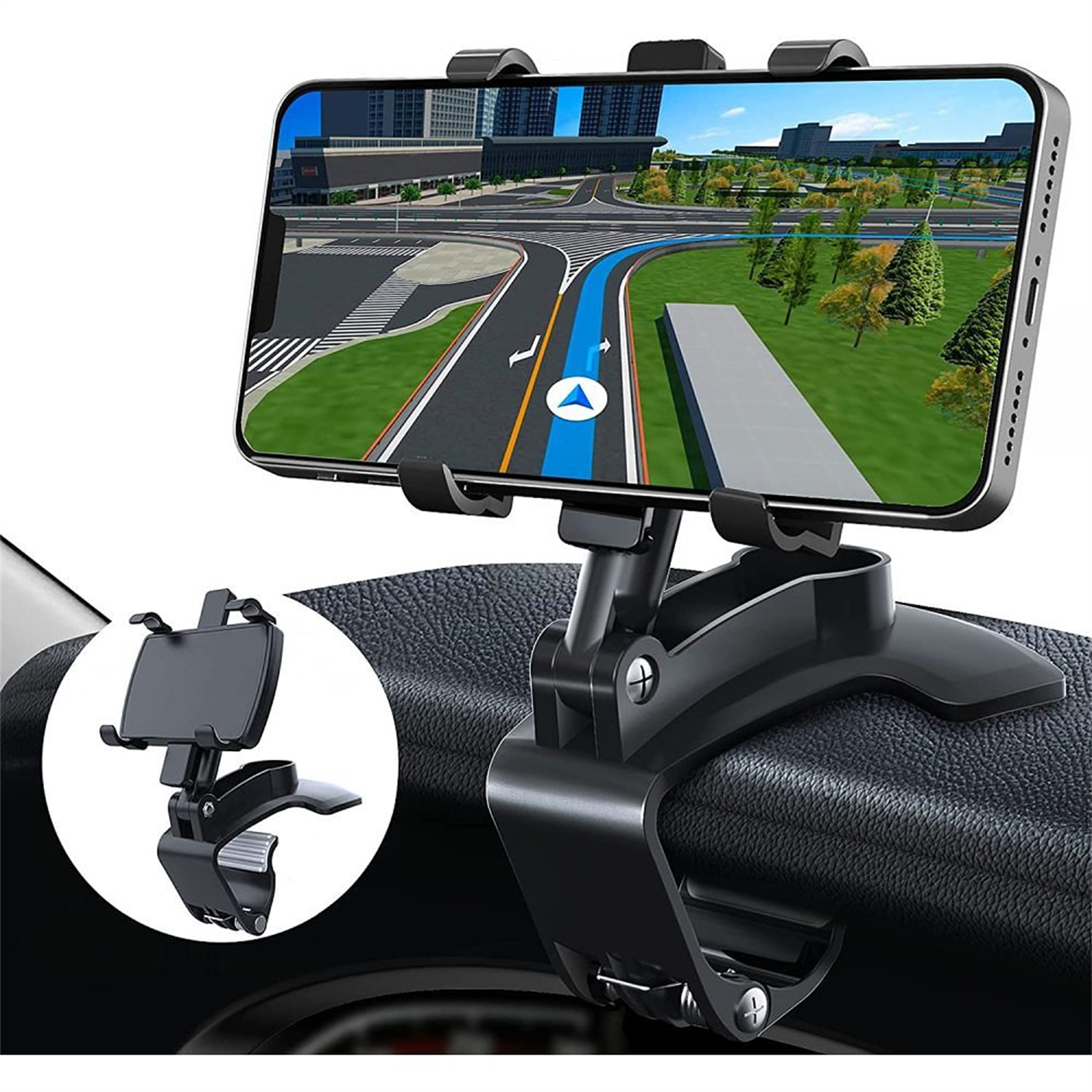 Telefon auf schwarzem Halter, Navigations-App zeigend. Der Halter ist am Armaturenbrett befestigt.