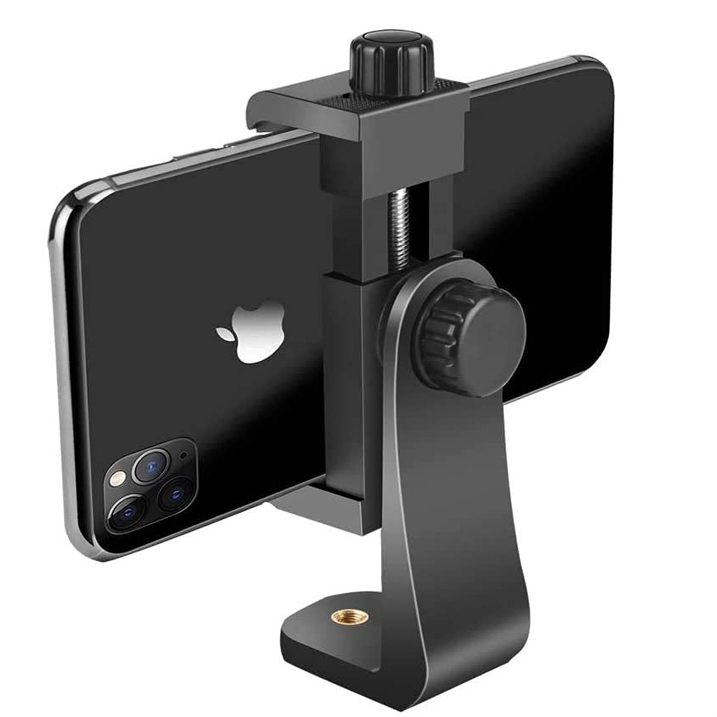 Schwarzer Telefonhalter. Das Telefon ist befestigt. Der Bildschirm des Telefons ist schwarz. Ein schwarzes iPhone.