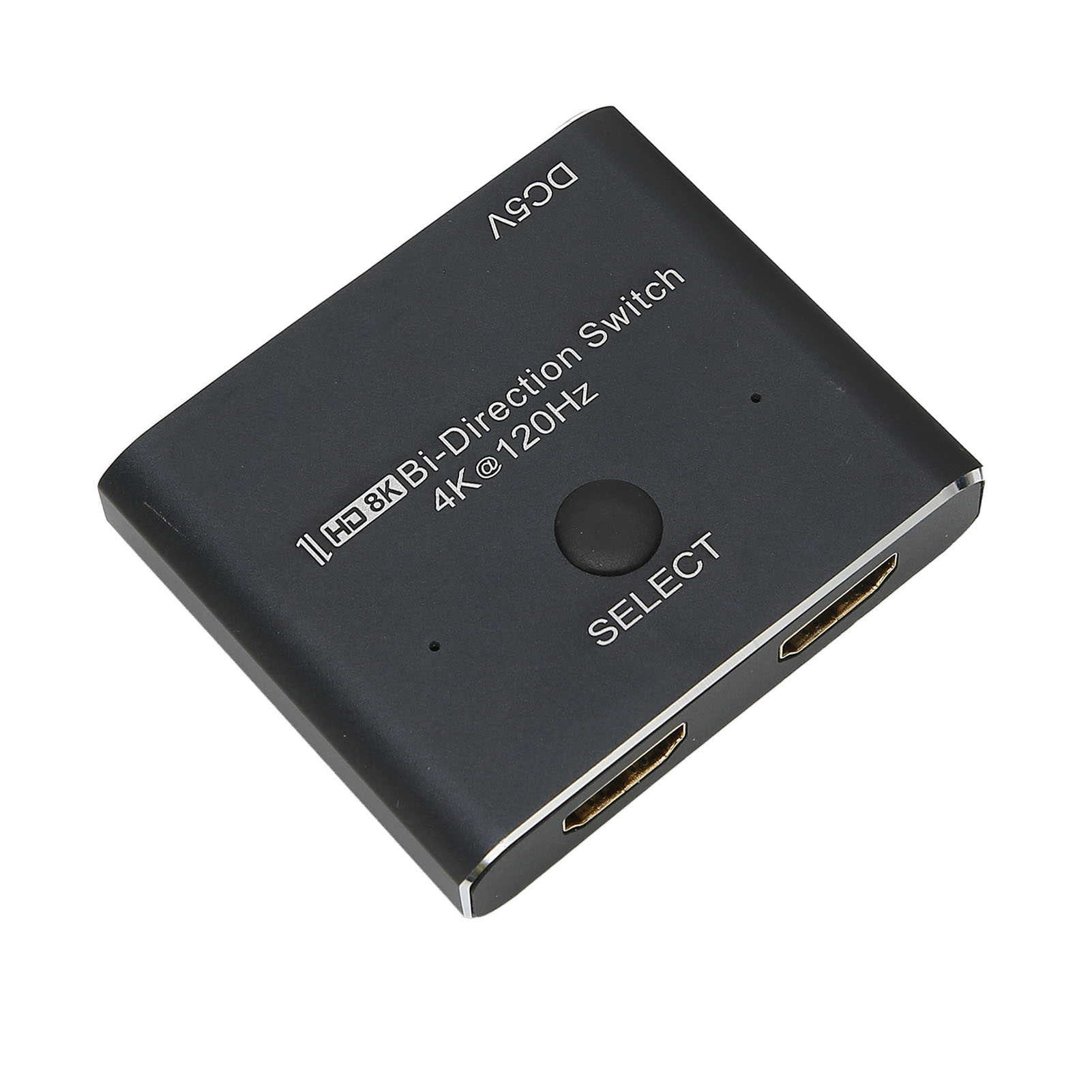 Ein schwarzer 8K-Bi-Direktional-Switch mit einer Auswahltaste und HDMI-Anschlüssen auf weißem Hintergrund.