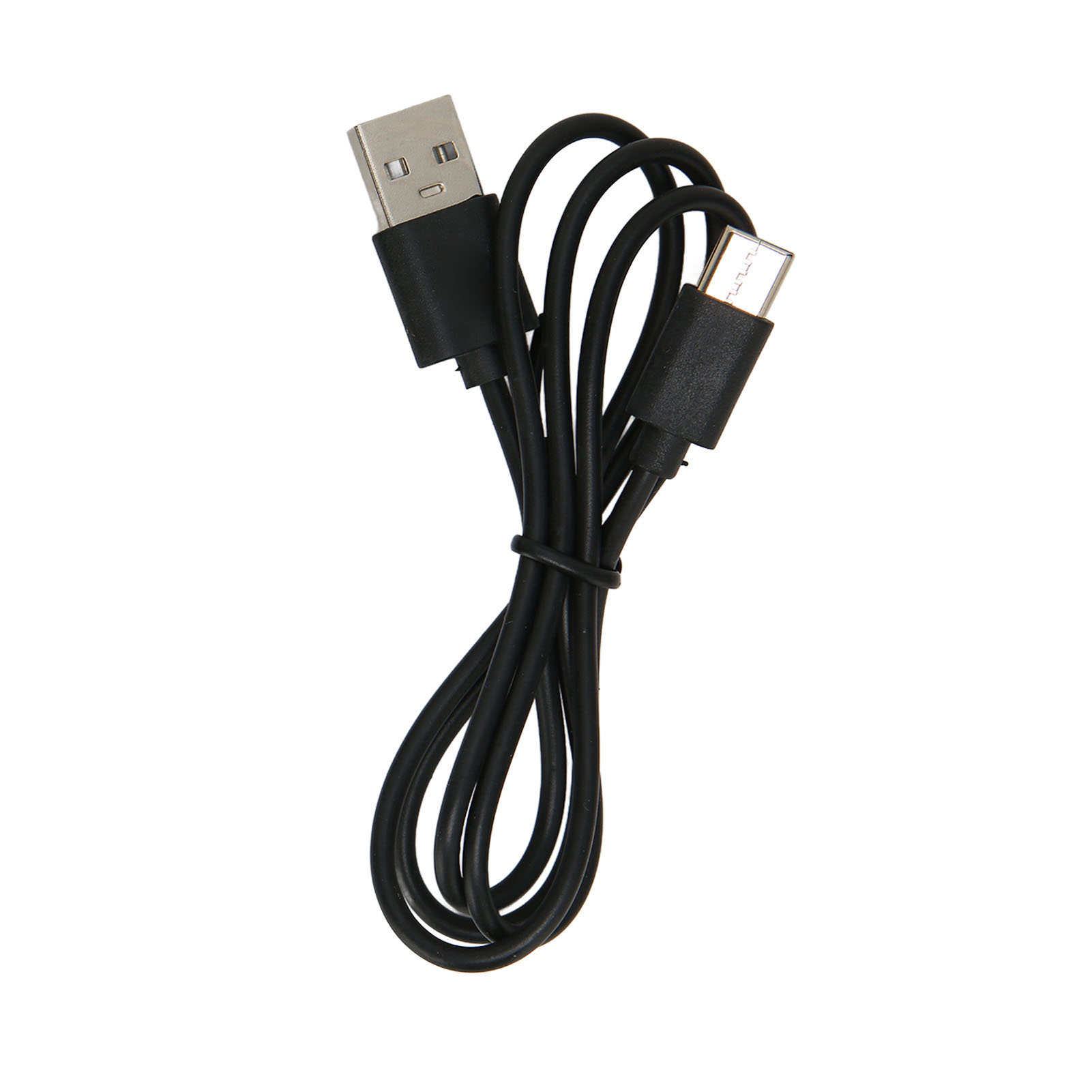 Schwarzes USB-zu-Typ-C-Ladekabel, aufgerollt. Das Kabel ist schwarz mit USB- und Typ-C-Anschluss.