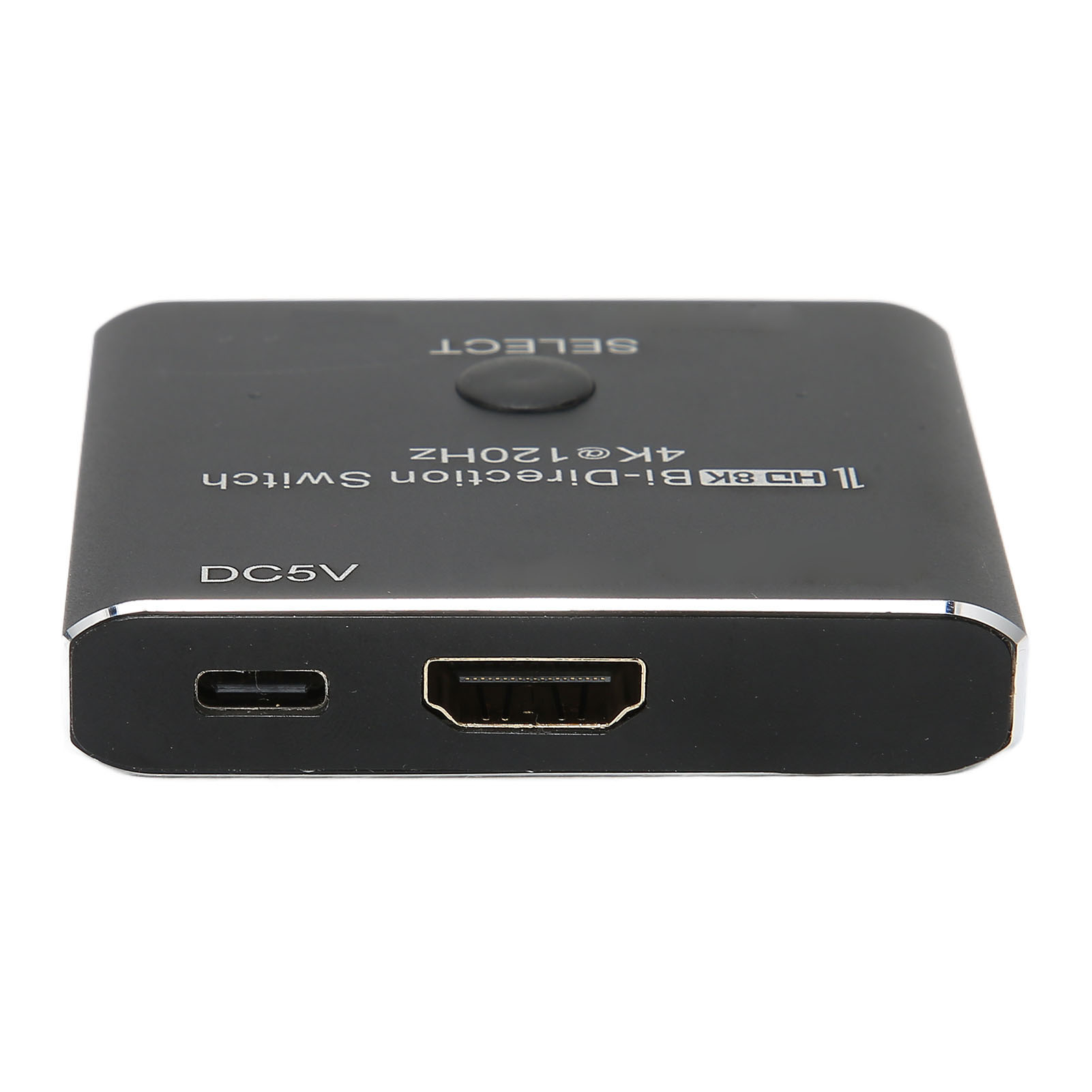 Ein schwarzer 8K-Bi-Direktional-Switch mit einem DC5V-Eingang und einem HDMI-Anschluss auf weißem Grund.