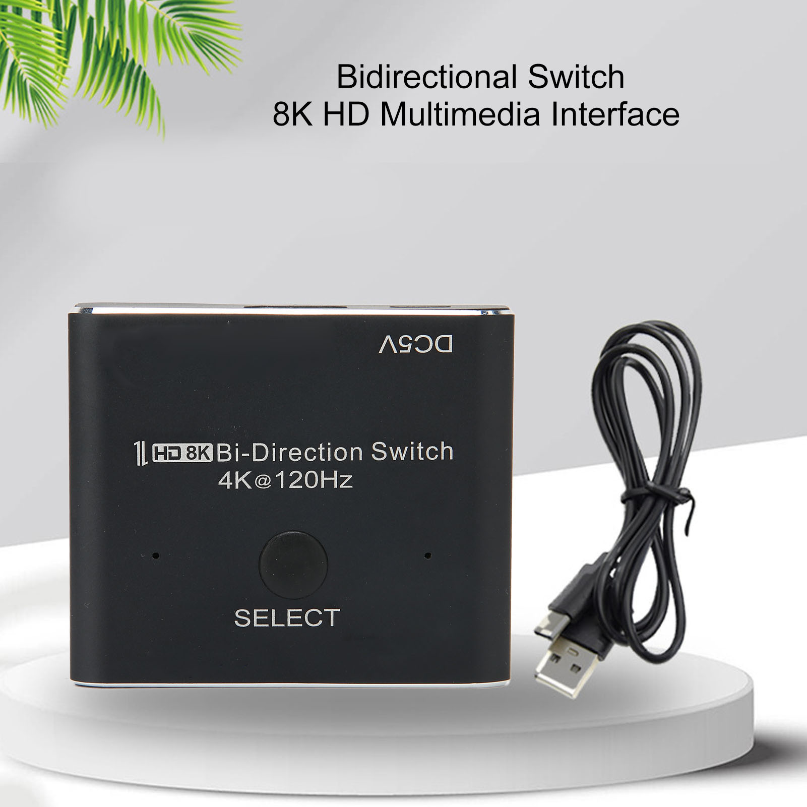 Schwarzer 8K-Bi-Direktional-Switch mit USB-Kabel und Text 'Bidirektionaler Switch 8K HD Multimedia-Schnittstelle'.