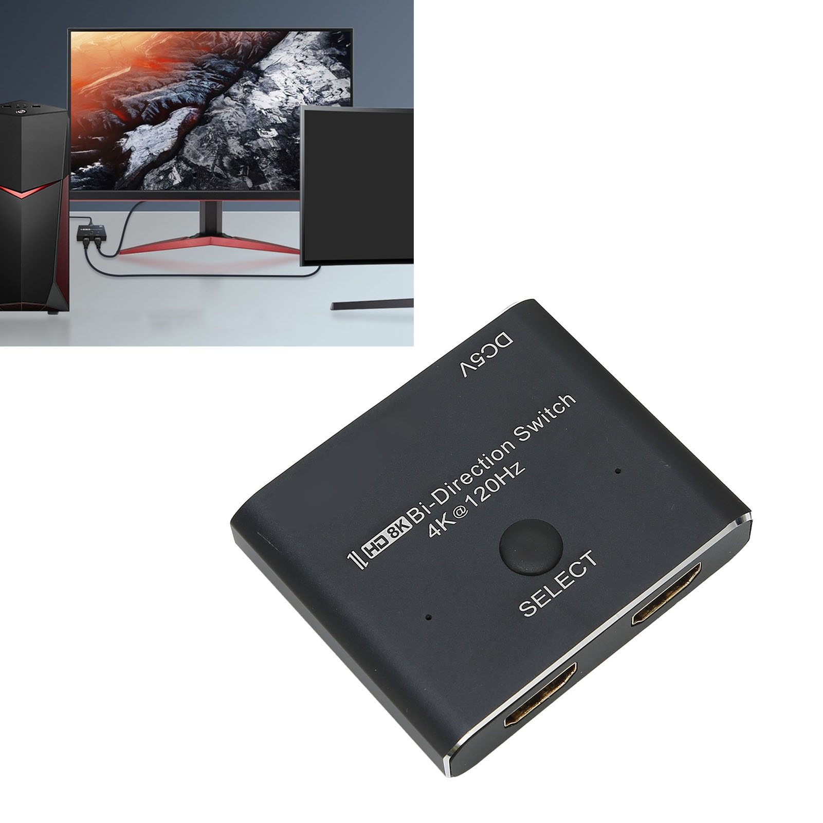 Ein schwarzer 8K-Bi-Direktional-Switch neben einem Computer-Setup mit einem Monitor.