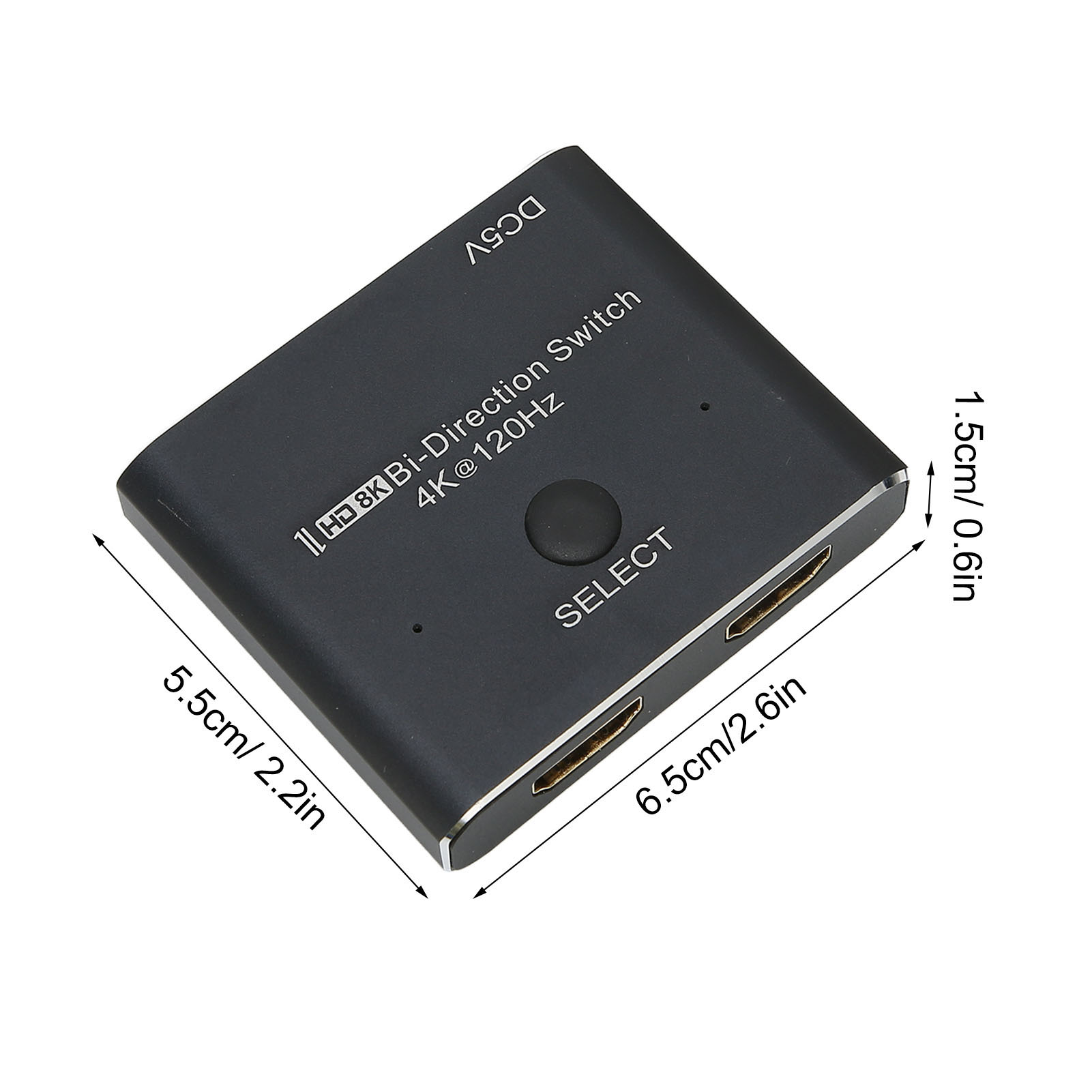 Ein schwarzer HDMI-Switch mit beschrifteten Abmessungen. Er hat Auswahltasten und HDMI-Anschlüsse.