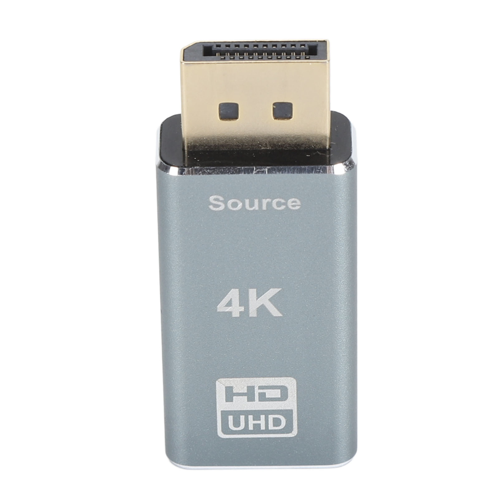 Ein silbergrauer 4K UHD DisplayPort-Adapter mit den Wörtern 'Quelle' und '4K UHD'.