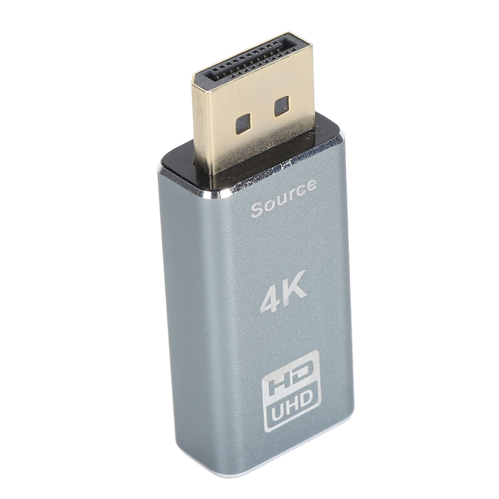 Ein silberner und goldener 4K-Display-Adapter. Er hat einen goldfarbenen Stecker und ein silbernes Gehäuse mit UHD- und 4K-Markierungen.