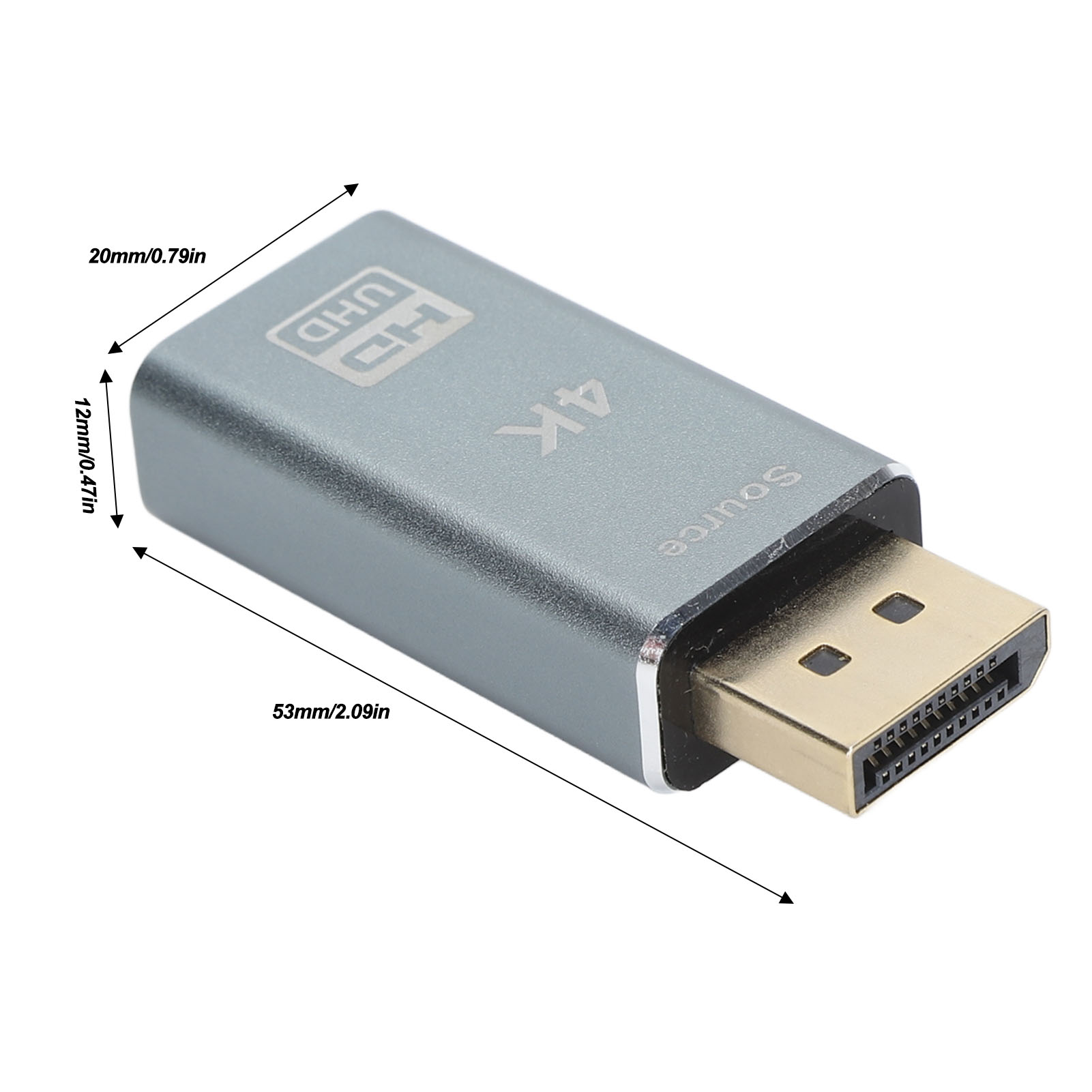 Silberner Adapter mit 4K- und UHD-Markierungen. Goldener Stecker an einem Ende, DisplayPort am anderen. Abmessungen angezeigt.