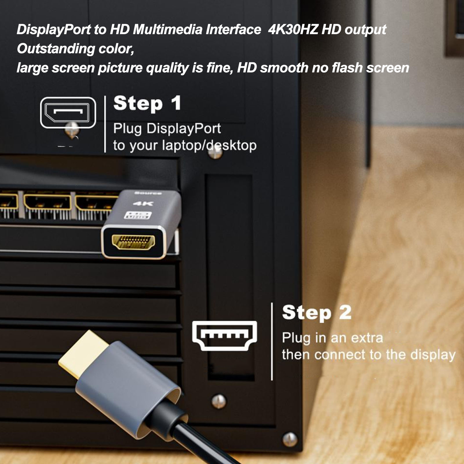 Das Bild zeigt einen DisplayPort-Adapter, der an einen Computer angeschlossen ist. Anweisungen zum Anschließen an ein Display werden angezeigt.