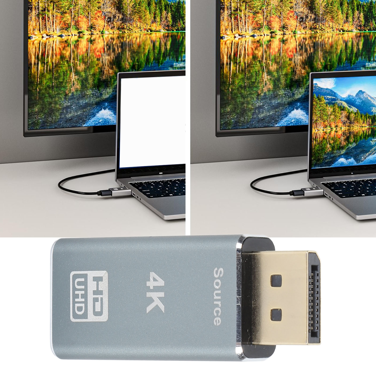 Bild zeigt einen DisplayPort-Adapter und seine Funktionalität mit einem Laptop und einem Fernseher. Der Adapter ist silber mit einem goldenen Anschluss.
